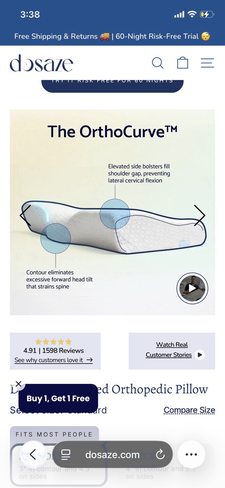 Open Box Dosaze Orthopedic Contour Memory Foam Pillow