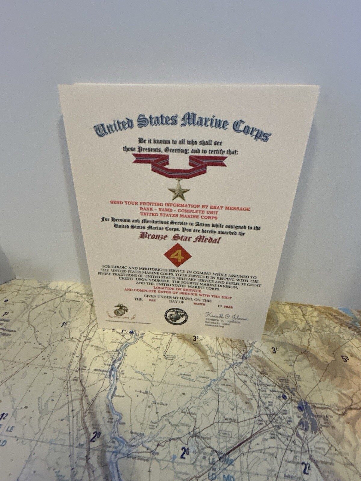 U.S.M.C. / BRONZE STAR MEDAL CERTIFICATE - 4TH MARINE DIVISION
