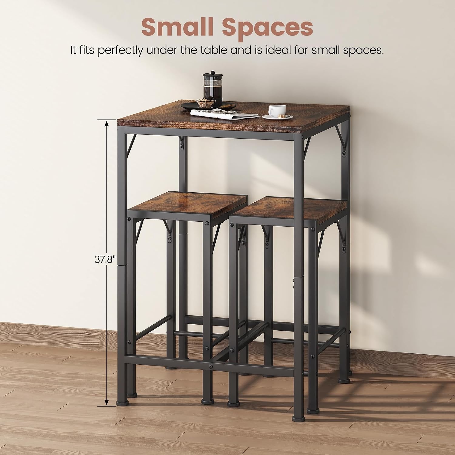 Bar Table & Chairs Set Square Bar Table W/ 2 Stools Space-Saving Dining Pub Set