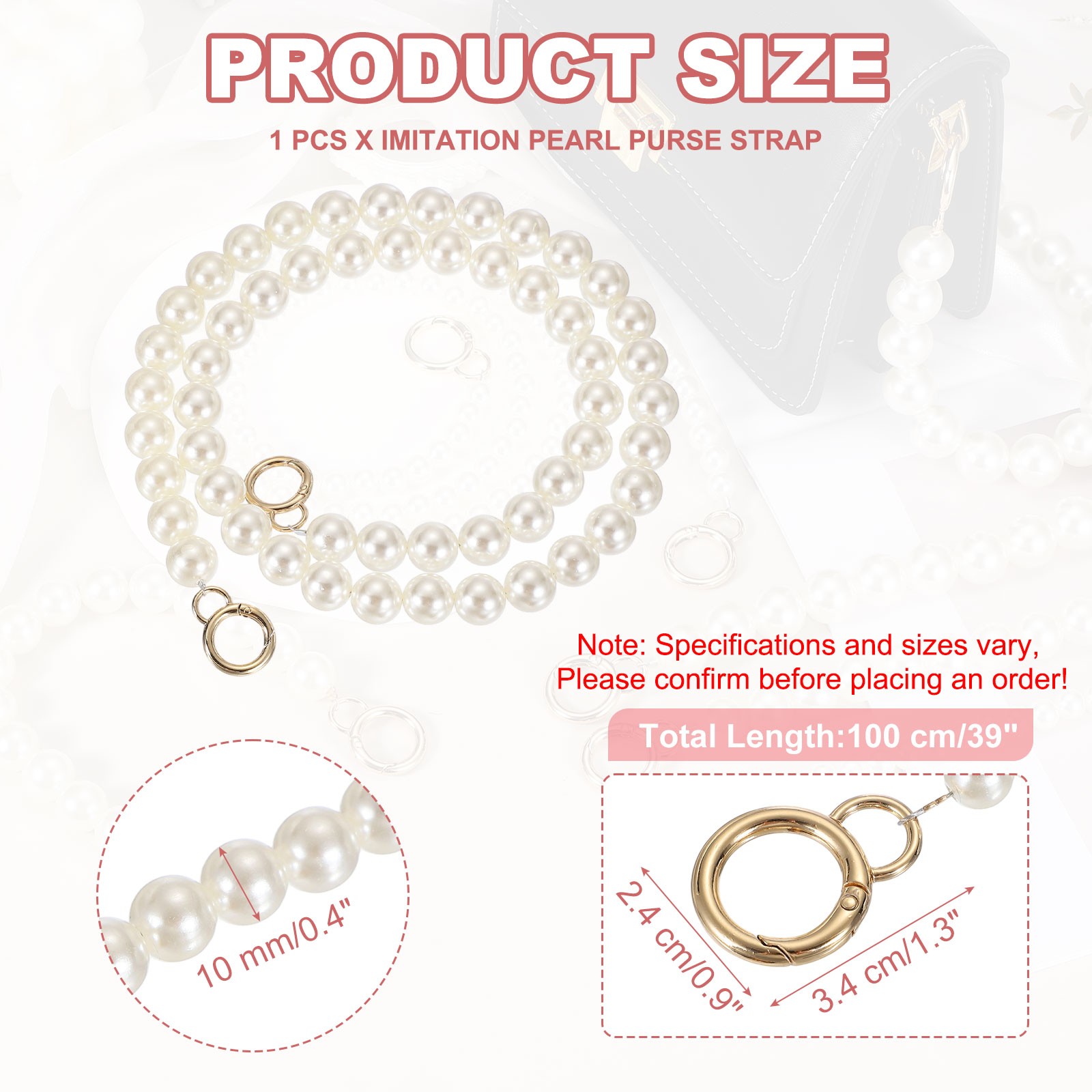 Imitation Pearl Purse Strap 39" Handbag Chain with Spring Clasp 18mm,