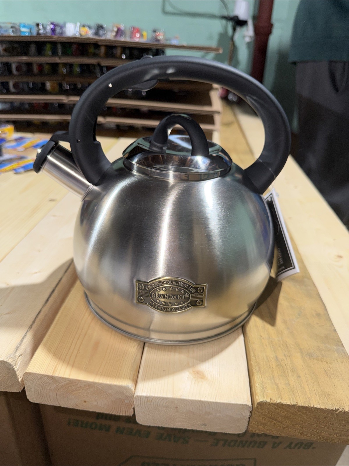 Brandani Italy Whistling Tea Kettle 3qt. Black Soft Touch Handle Stainless Stee