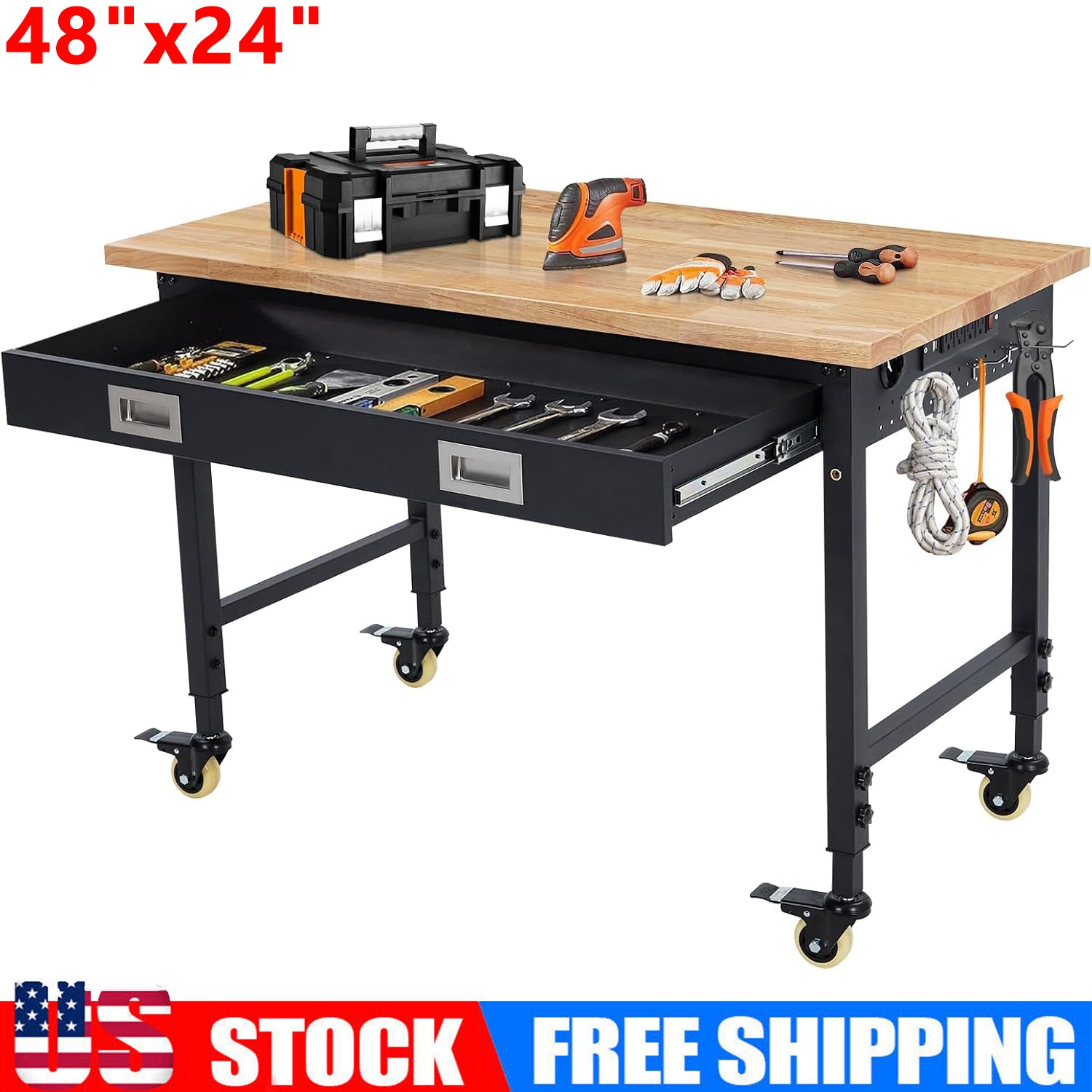 48" x 24" Adjustable Height Workbench on Wheels with Power Outlet & Drawer