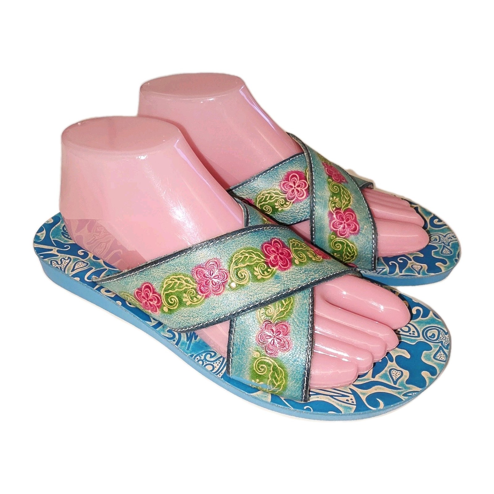 BOUTIQUE BY CORKY'S "JUDE" Sz 9 Teal Tooled Leather Slide On Floral Sandals