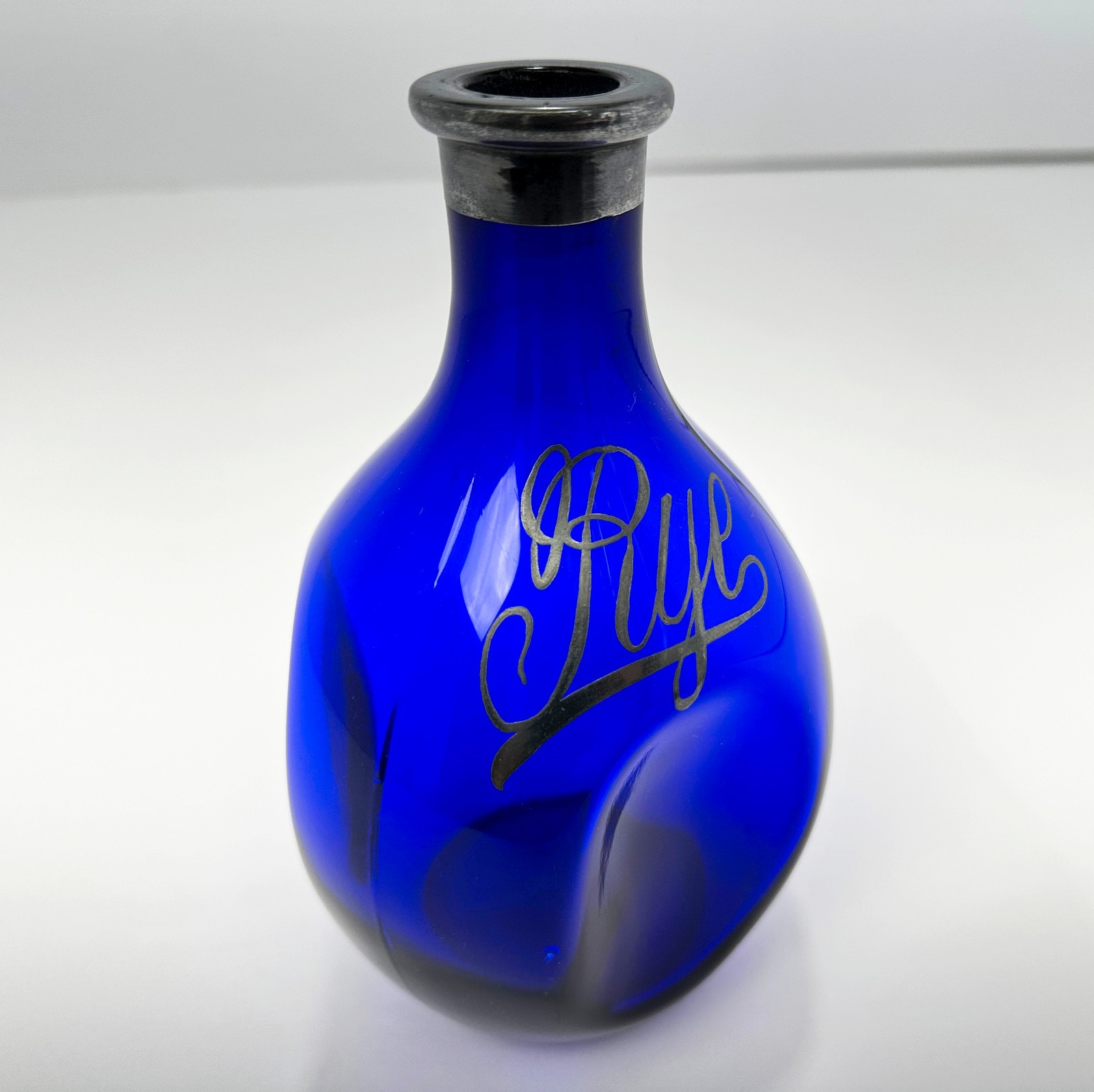 Antique Rye Whiskey Bottle 1900-1920 Cobalt Blue Pinch Bottle Silver Blown Glass