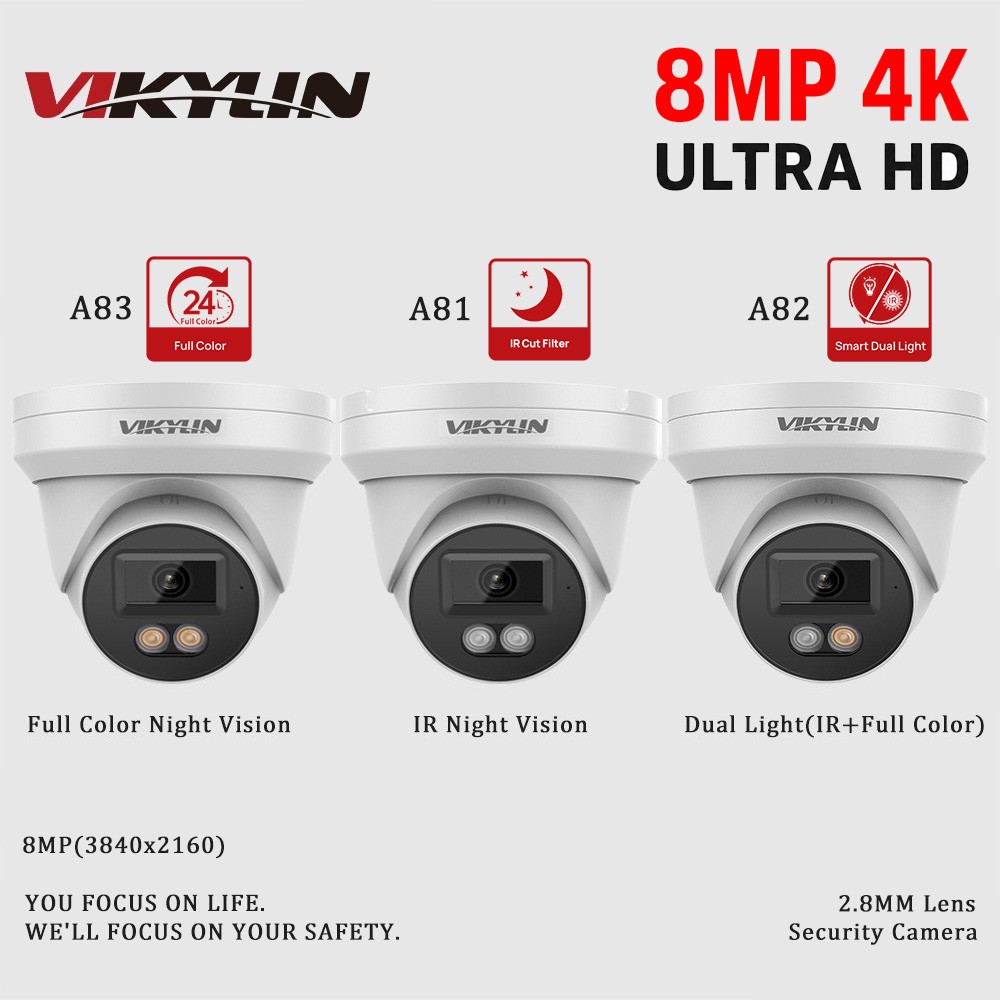 VIKYLIN 8MP 4K Turret POE IP Camera Built in MIC IR / Full Color / Dual Light