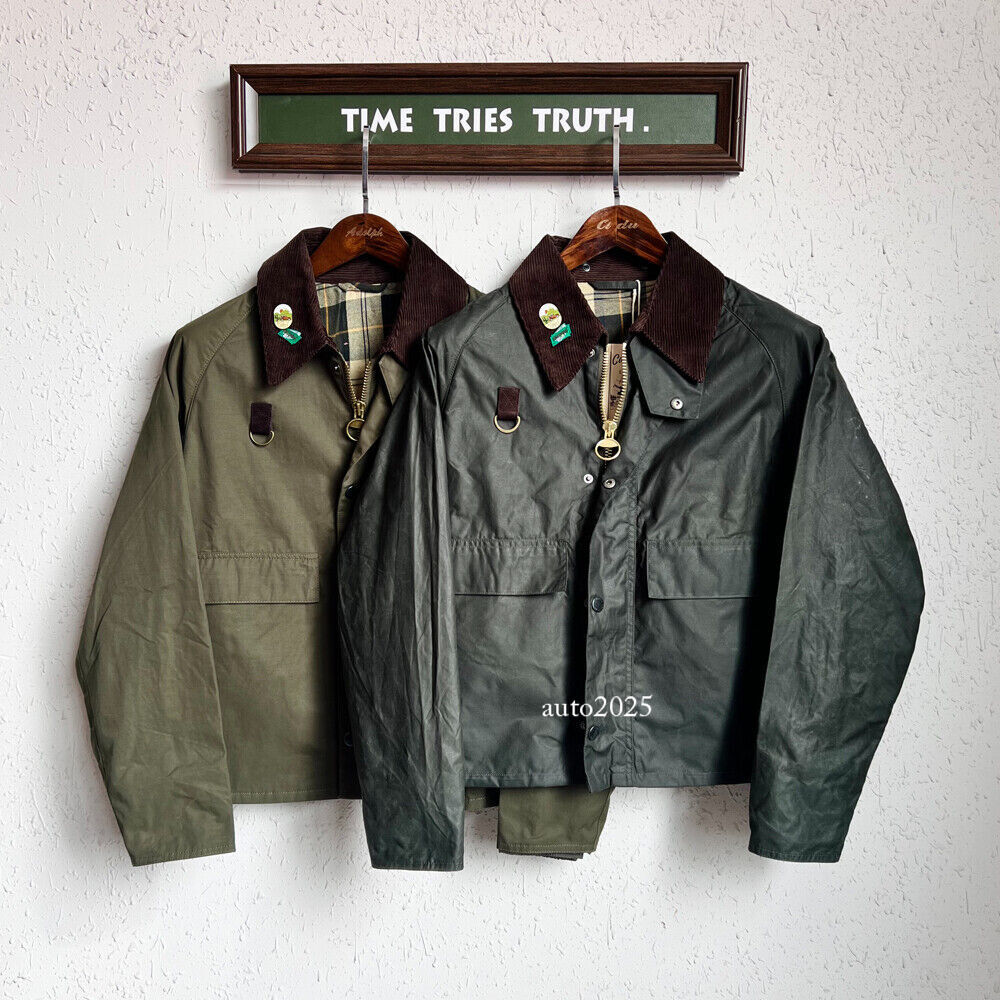 Mens Vintage Casual Jacket Oil Wax Canvas Lapel Short Contour Spey Jackets Coats