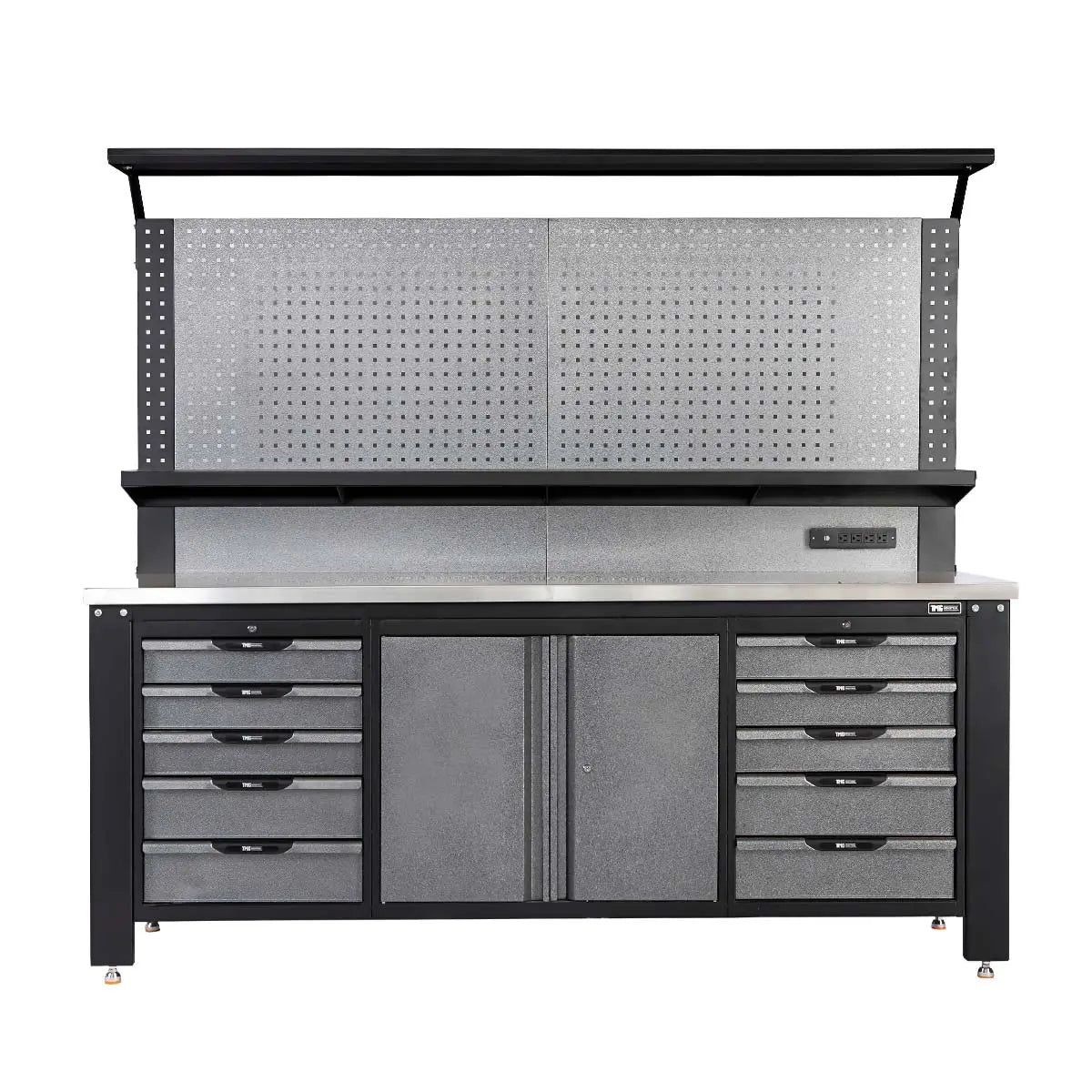 Steel Garage Workbench 7ft, Pegboards, 300lb Drawers, USB, Motion LED