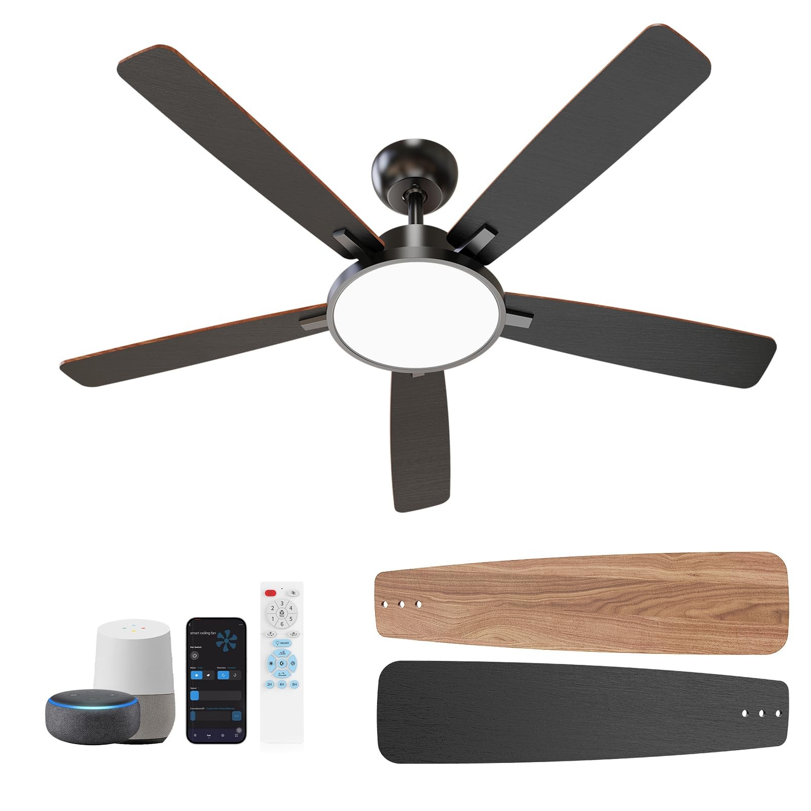 TALOYA 52 Inch Black Smart Ceiling Fans with Lights Led Remote Control Flush ...