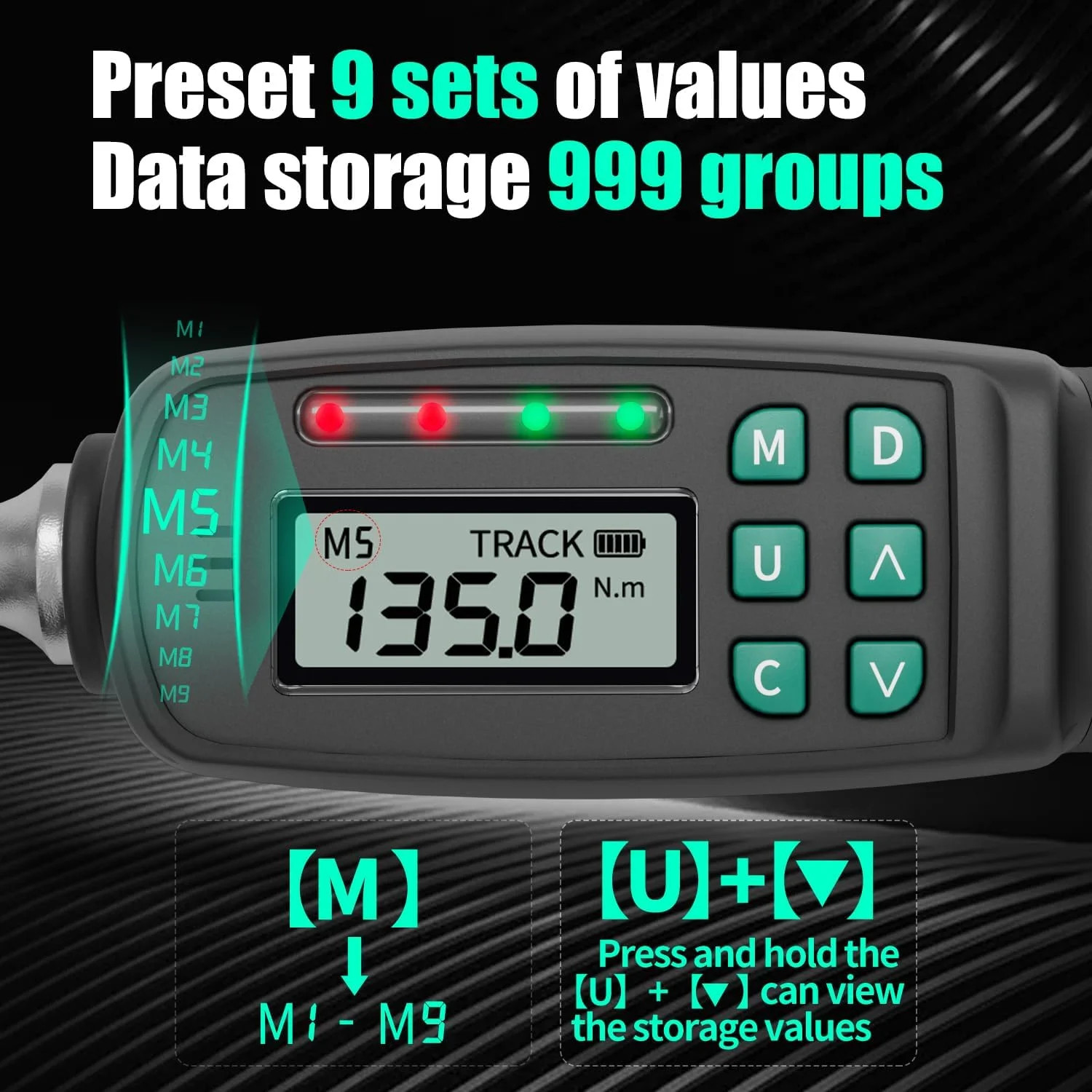 1/2" Digital Torque Wrench ±2% Accuracy (5-99.5 ft-lb) - Buzzer/LED Overload Ale