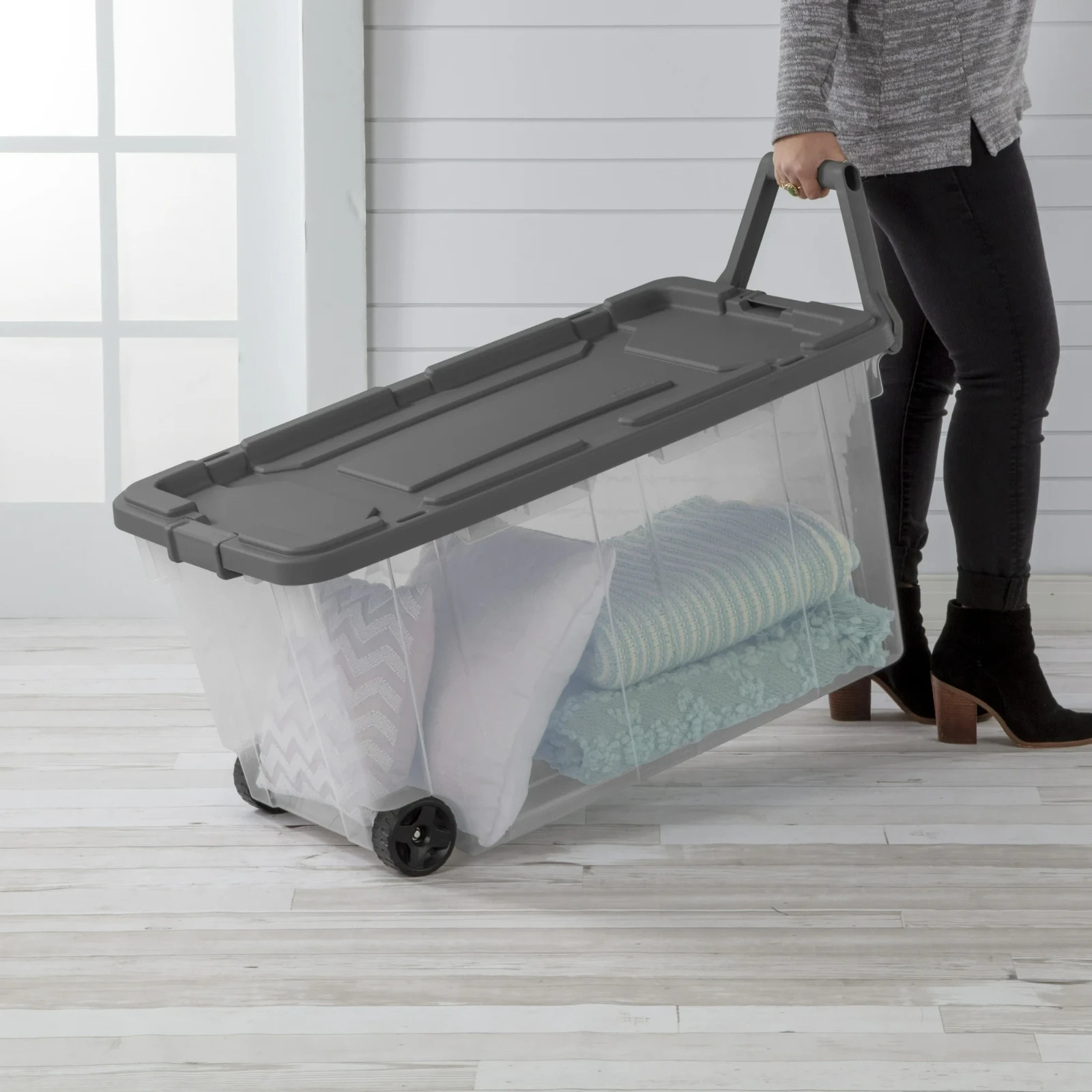 Sterilite 160 Quart Wheeled Stacker, Extra Large Durable Clear Bin, Gray, 2Ct