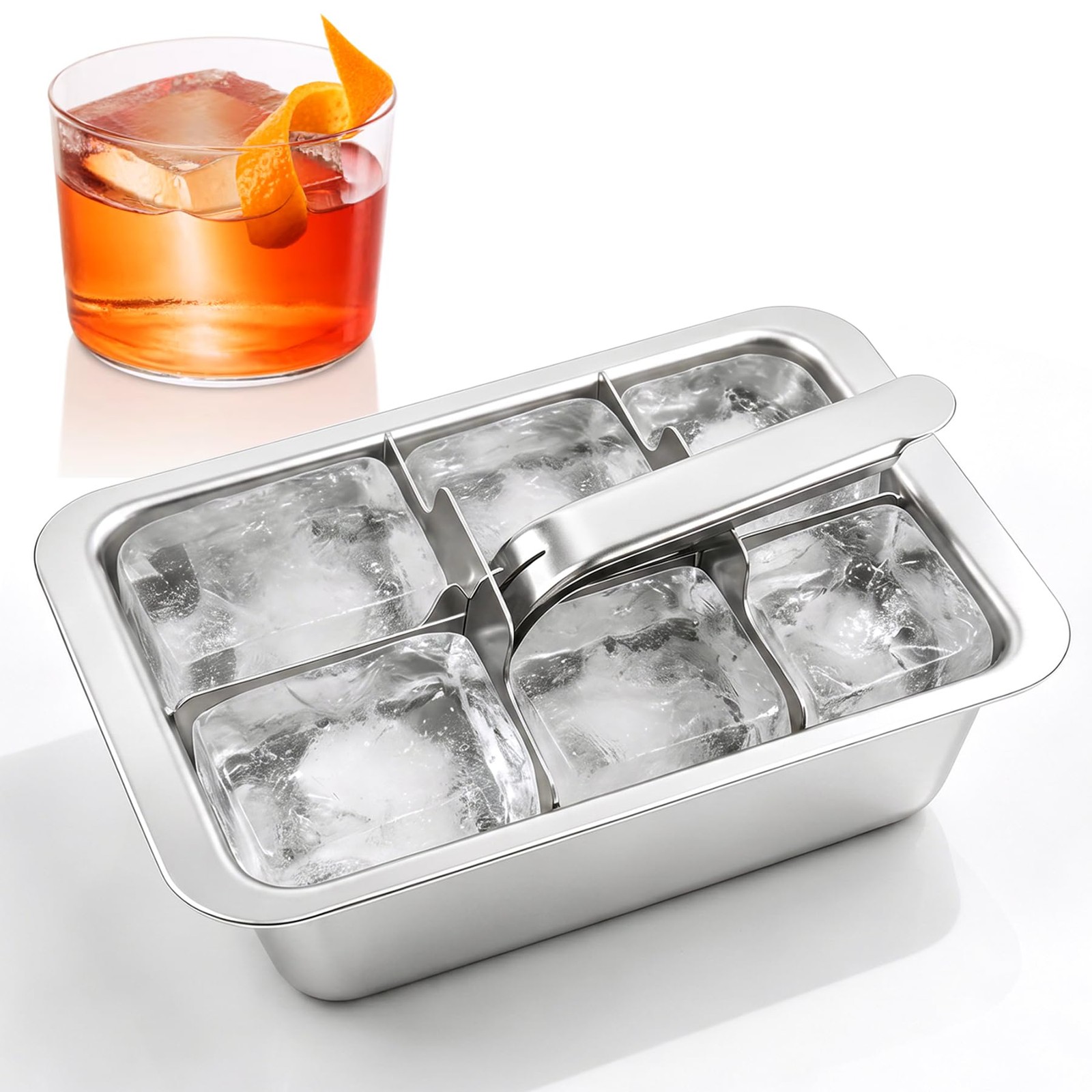 6 Large Cube Stainless Steel Ice Tray with Release Lever Whiskey Mold