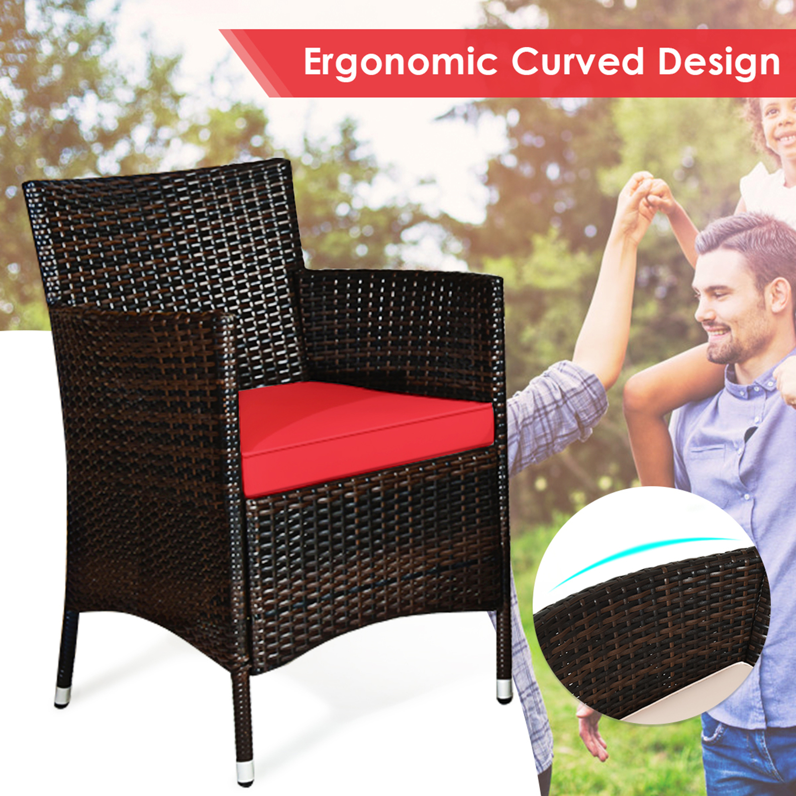 4PCS Patio Rattan Conversation Furniture Set Outdoor w/ Red Cushion