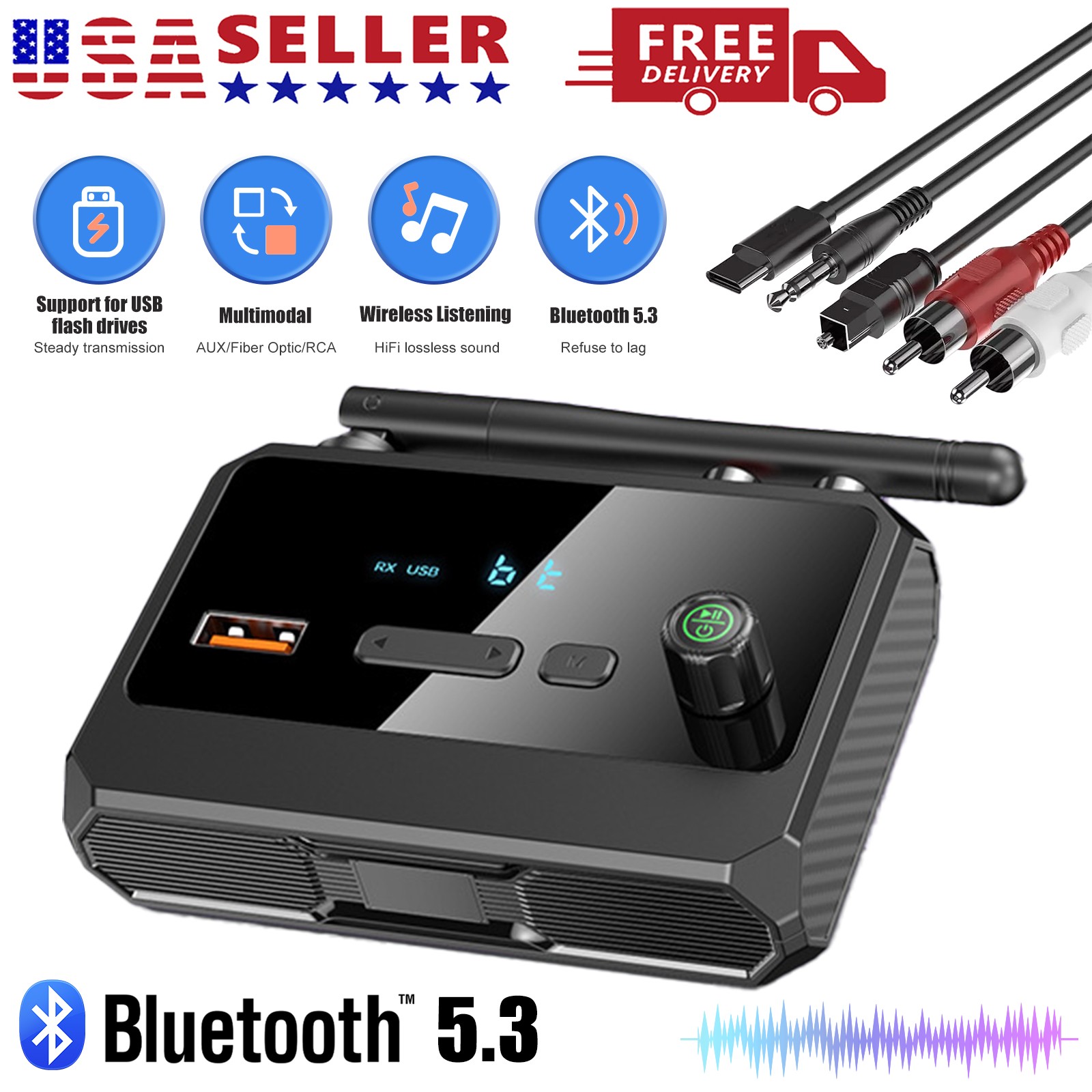 Bluetooth 5.3 Home Stereo Audio Receiver AUX USB Optical Music to RCA Adapter