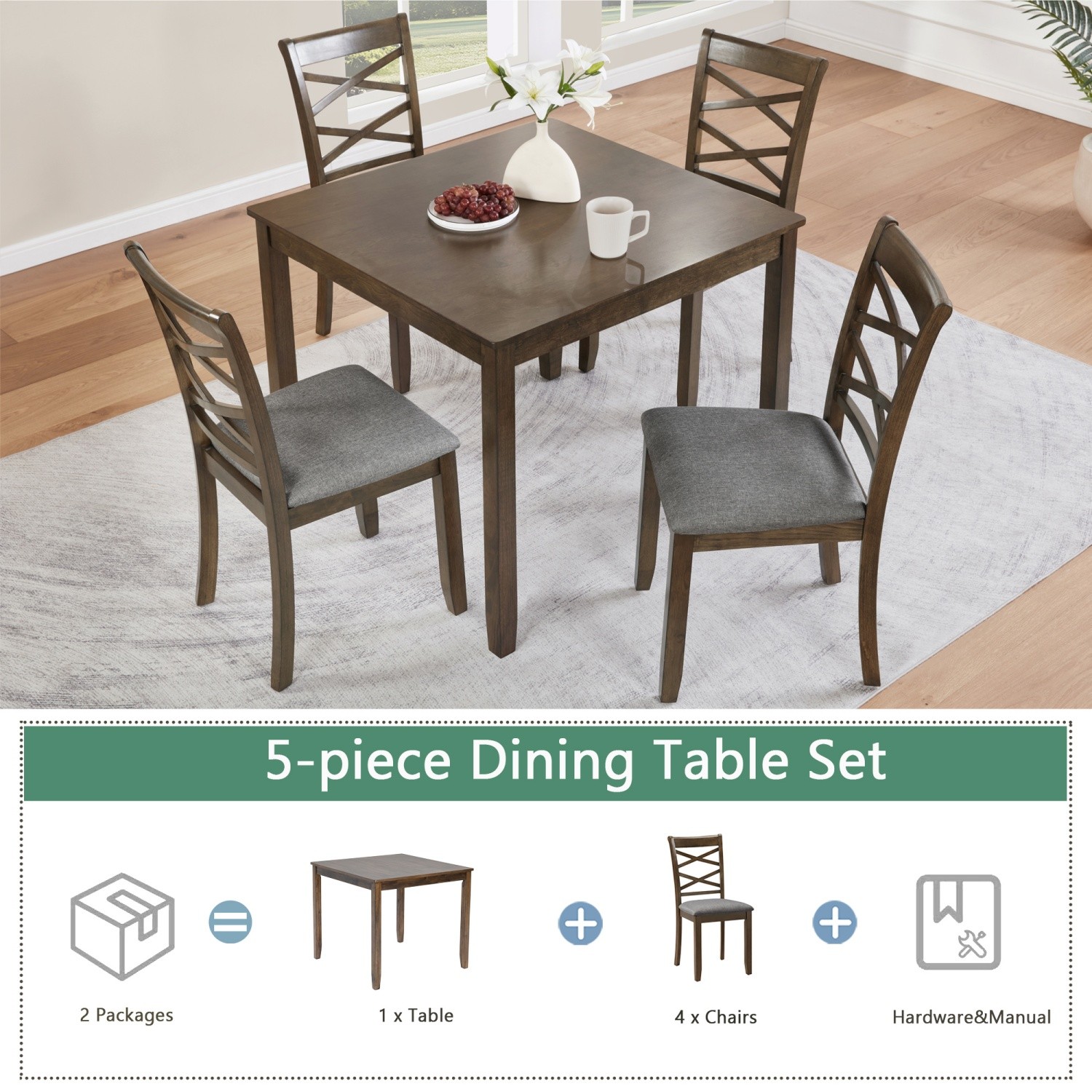 Modern 5 Piece Dining Table Set Wooden Square Dining Table & 4 Chairs Walnut