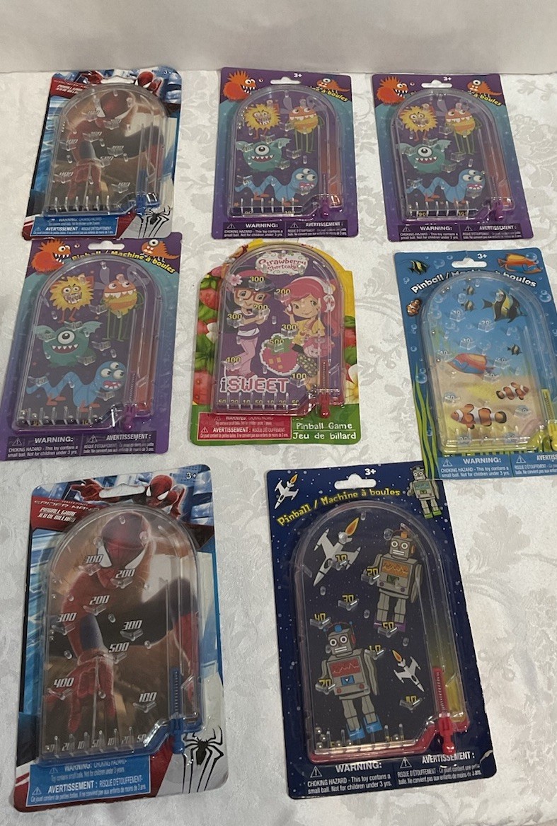 8-Handheld Pinball Machines - Spider-Man, Strawberry Shortcake & Misc