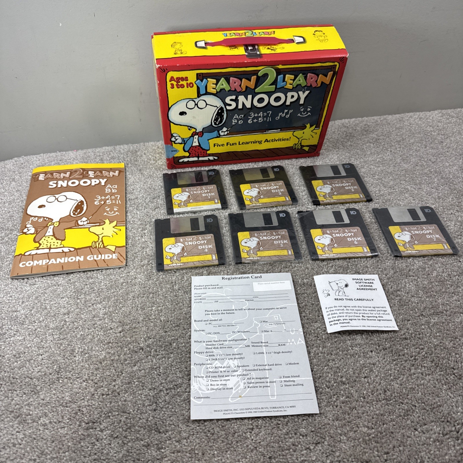 Vintage Yearn2Learn Snoopy Peanuts PC Software 7 Floppy Disks - Big Box Complete