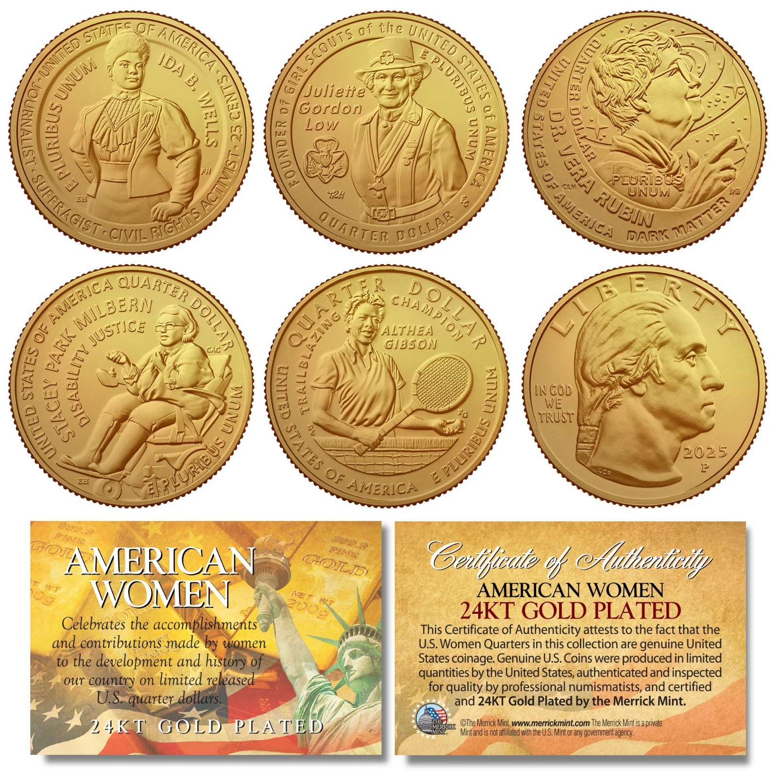 2025 24K GOLD Plated AMERICAN WOMEN Quarters U.S. Mint 5-Coin Full Set