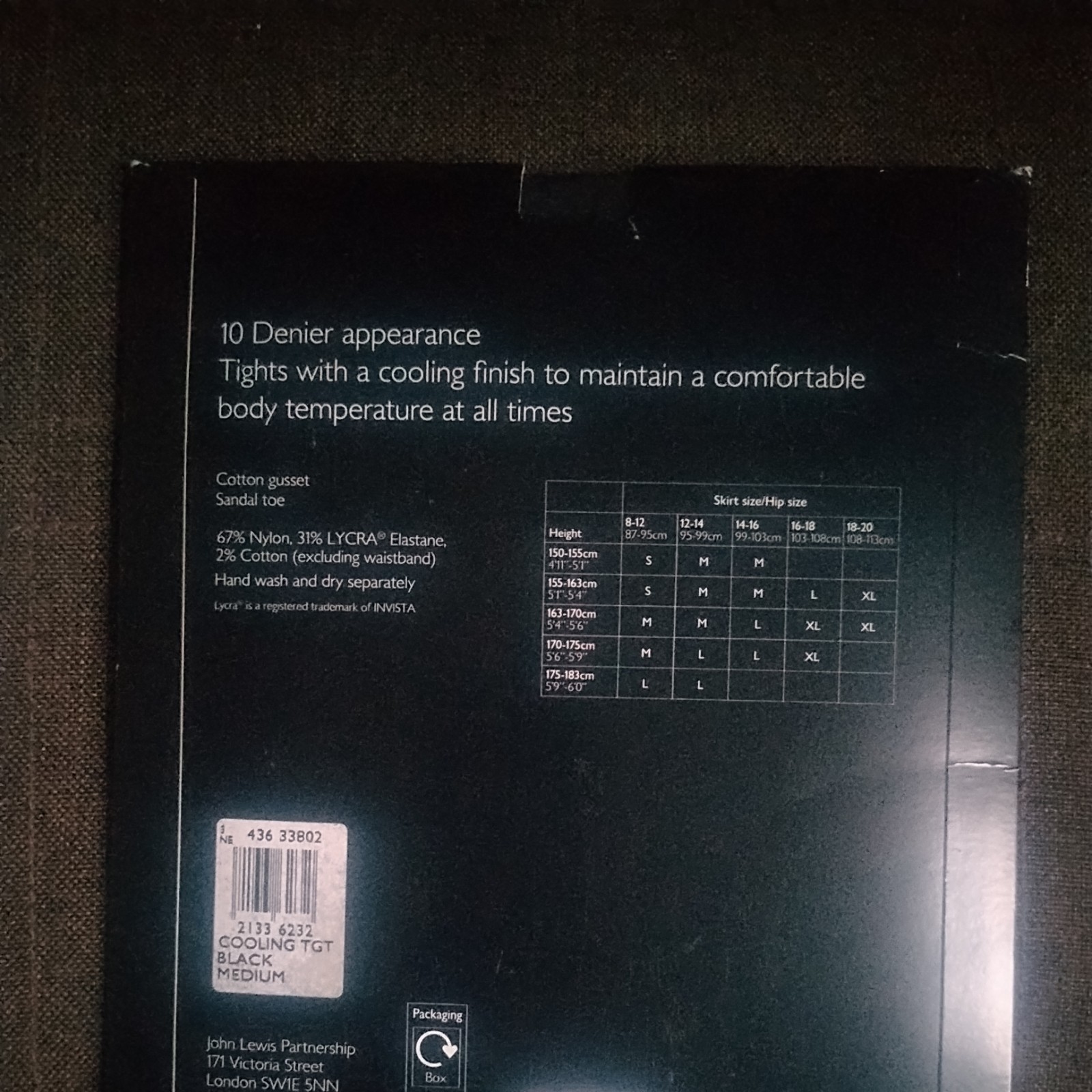 John Lewis 10 Den Bare Cooling Tights, Size Medium in Black