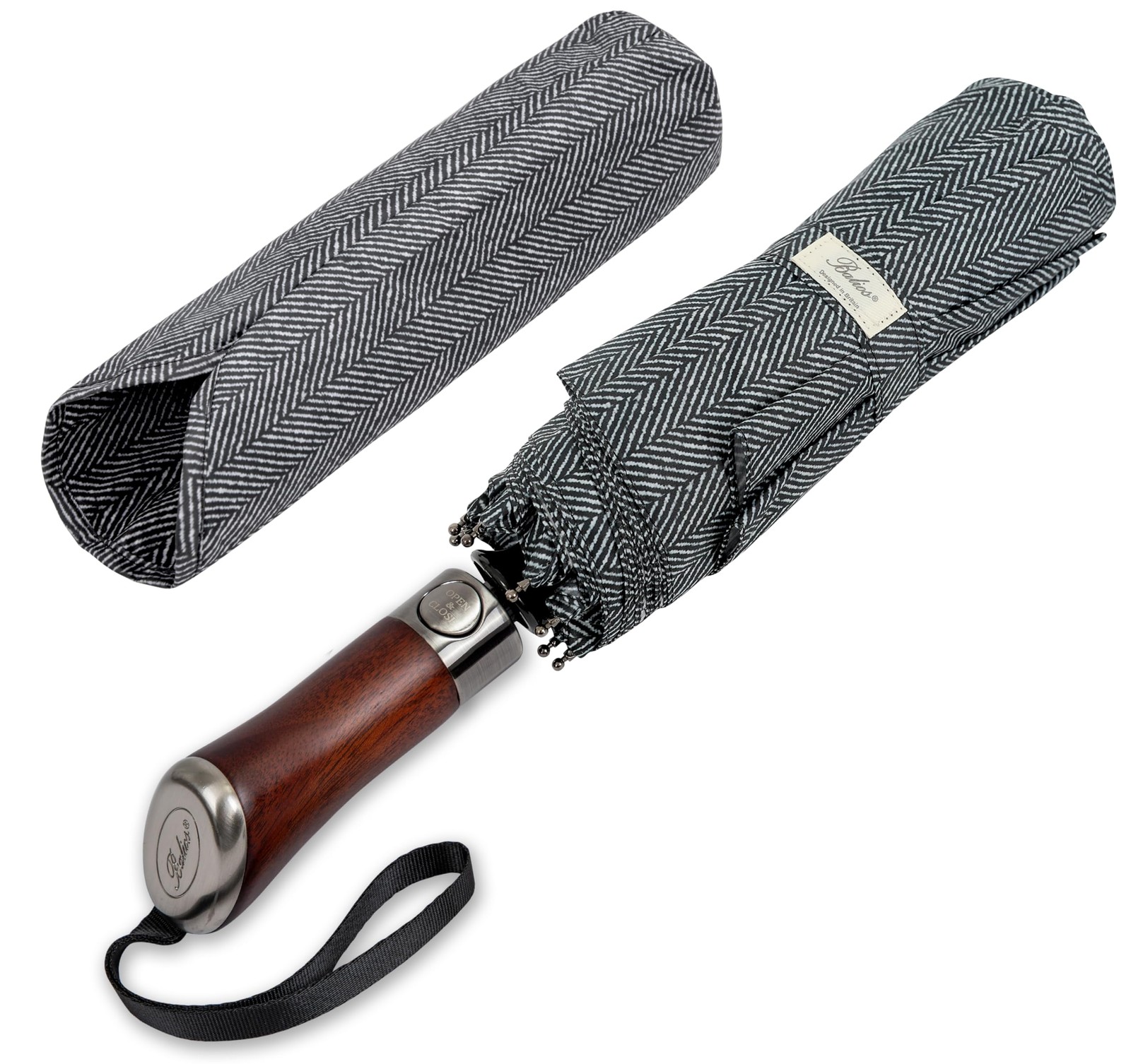 (Designed in UK) Travel Umbrella Luxurious Golden Hardwood Handle Auto Open &...