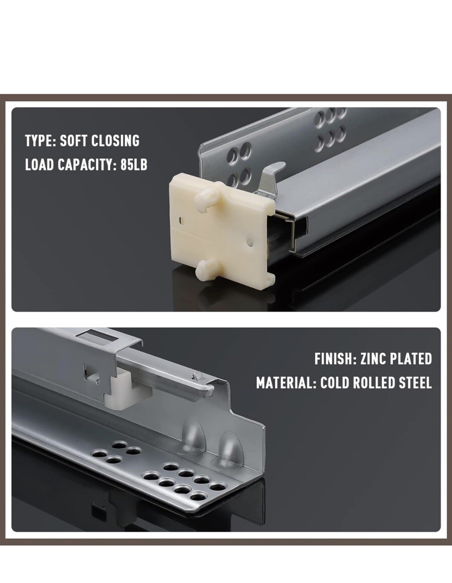1Pair 21" Soft Close Drawer Rails Full Extension Locking Device Included
