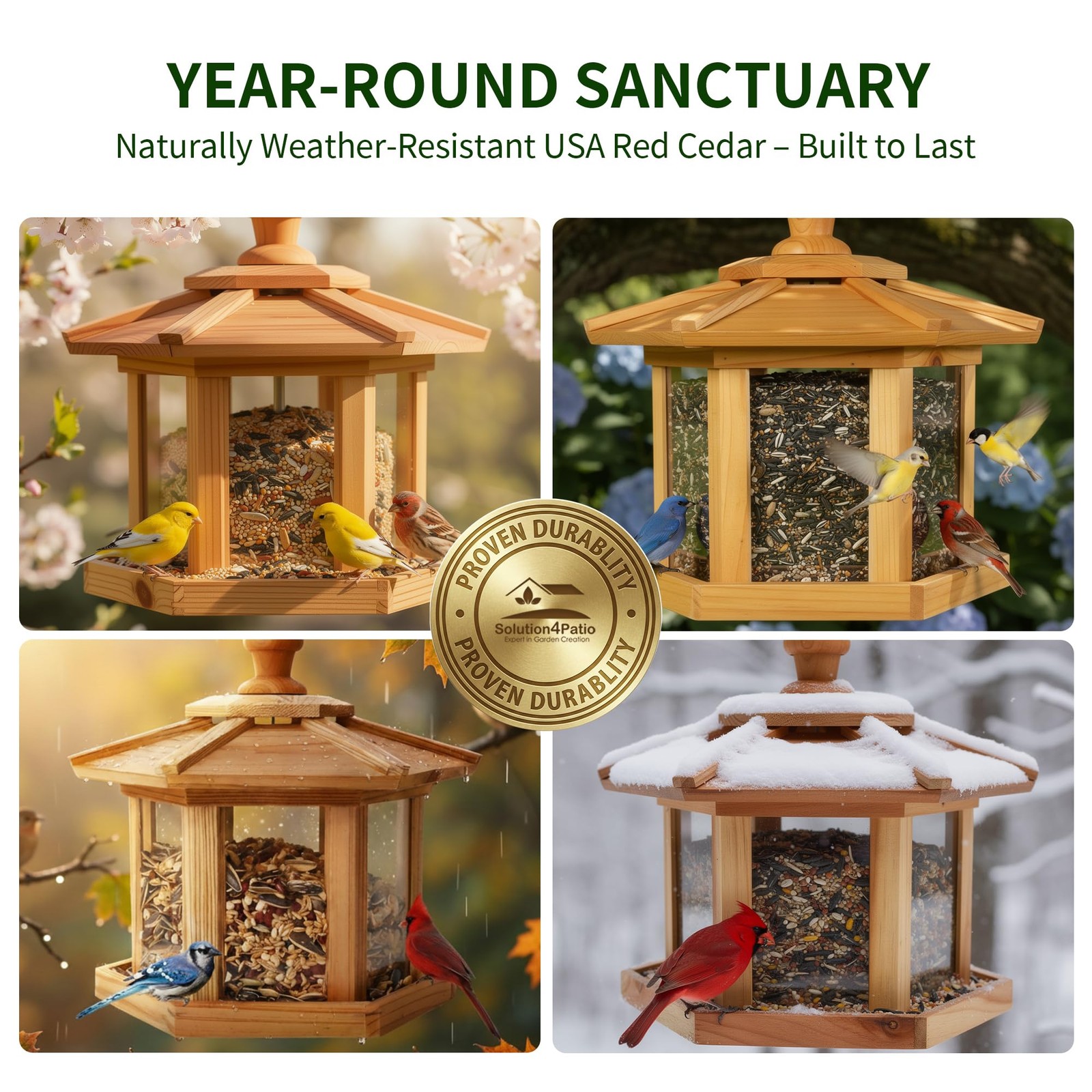 Solution4Patio Bird Feeder for Outdoors - USA Cedar Hexagon Gazebo Multicolor