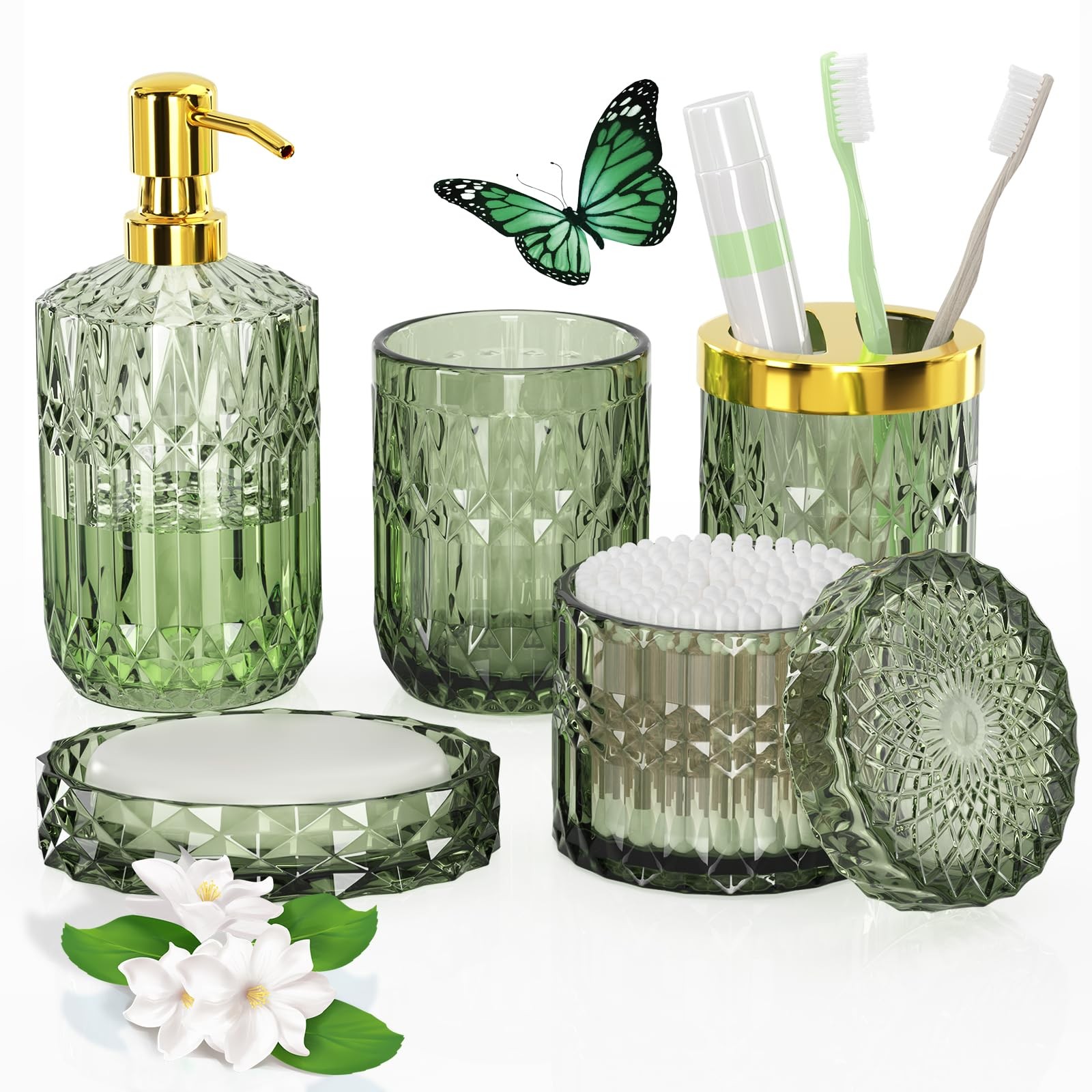 Green Glass Bathroom Accessories Set 5 Pcs, Green Bathroom Set, Soap Dispense...