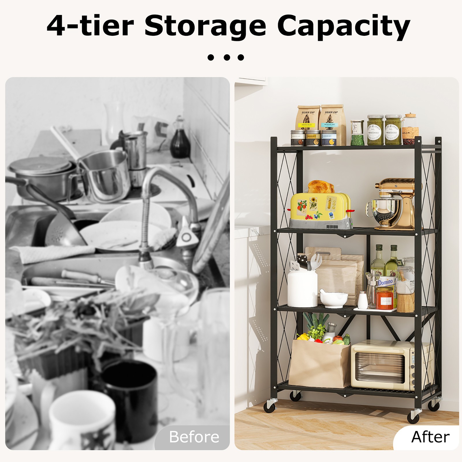 2PCS 4-tier Foldable Storage Shelving Unit w/4 Universal Wheels for Kitchen