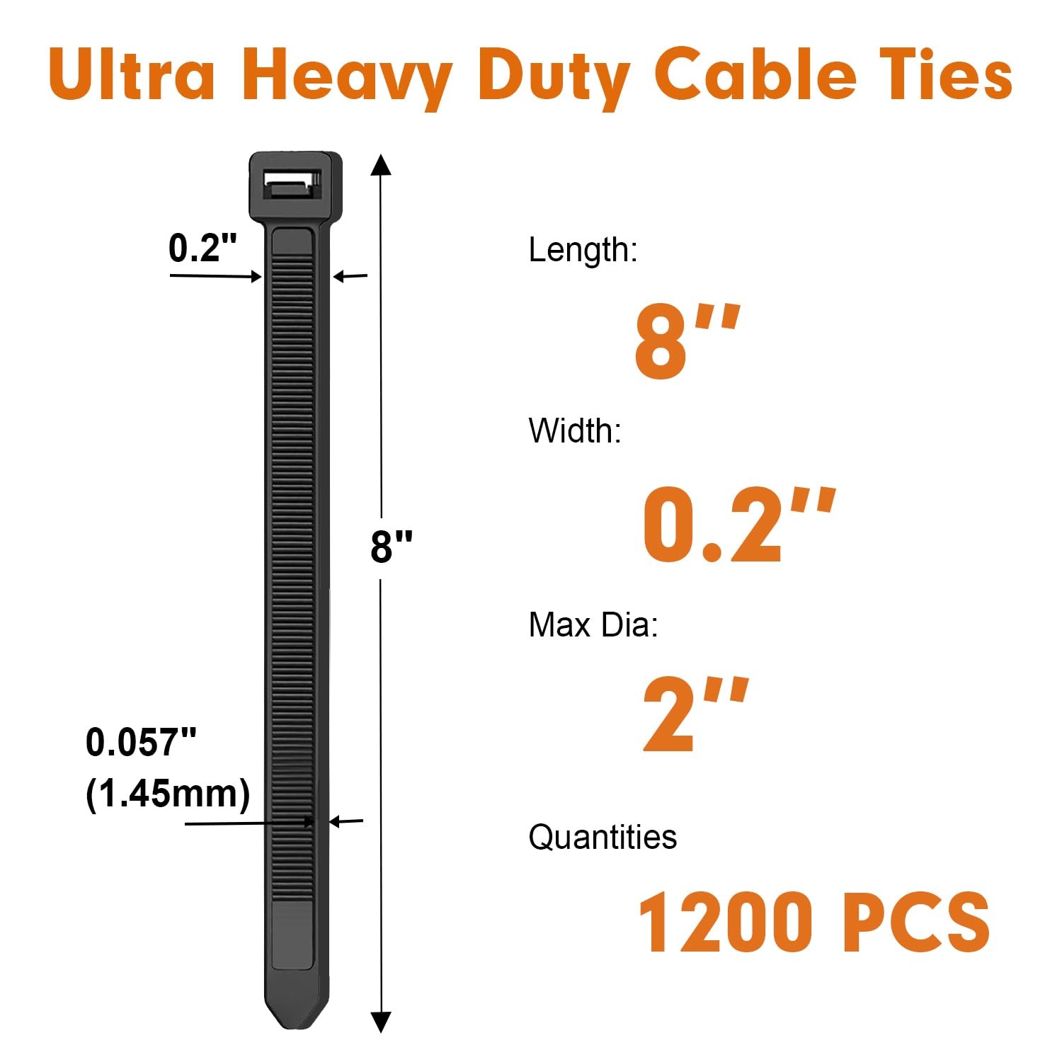 Zip Ties, RAZCC 1200pcs Black Cable Ties 8 Inch, Heavy Wideth 0.2",