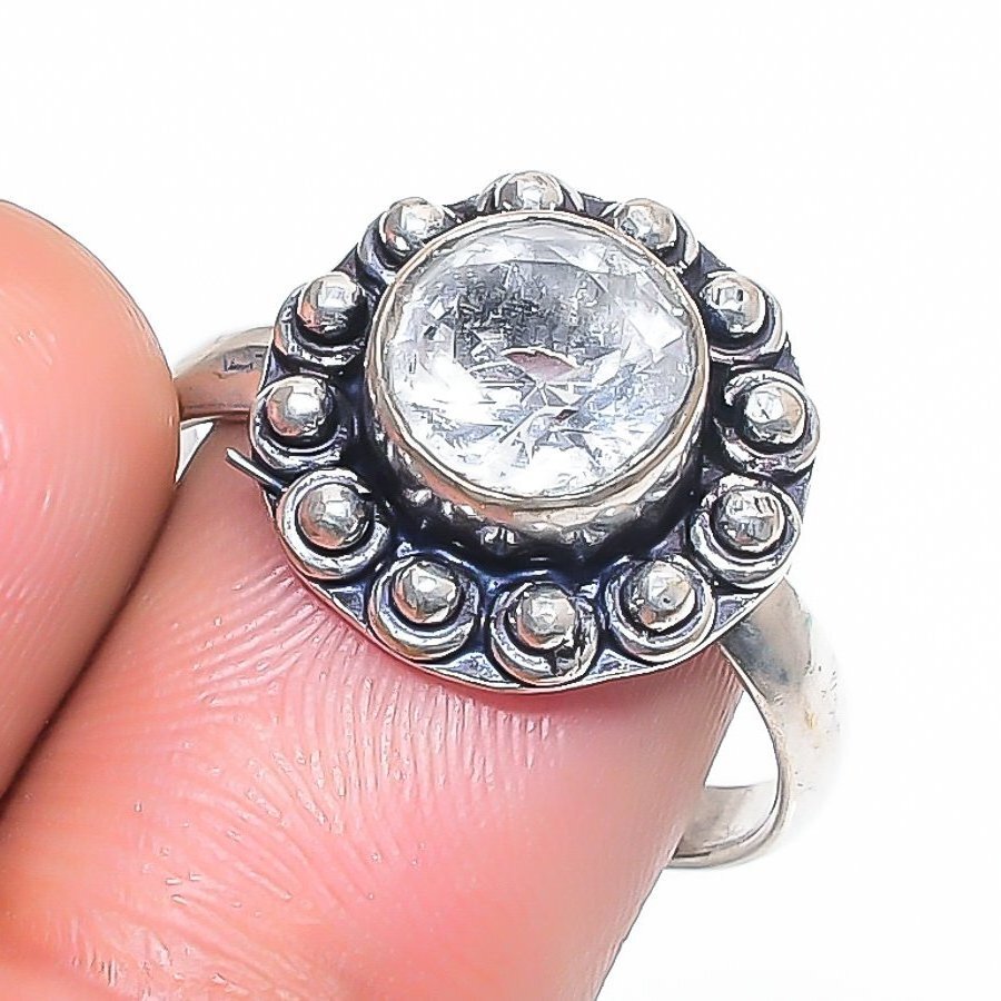 Faceted White Topaz Gemstone Handmade 925 Sterling Silver Jewelry Ring 8.25" P85