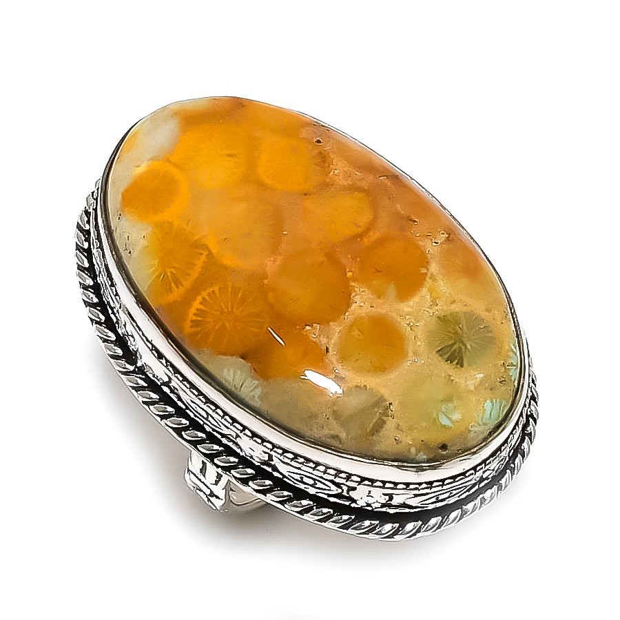 Fossil Coral Gemstone Handmade 925 Sterling Silver Jewelry Gift Ring Size 8 P542