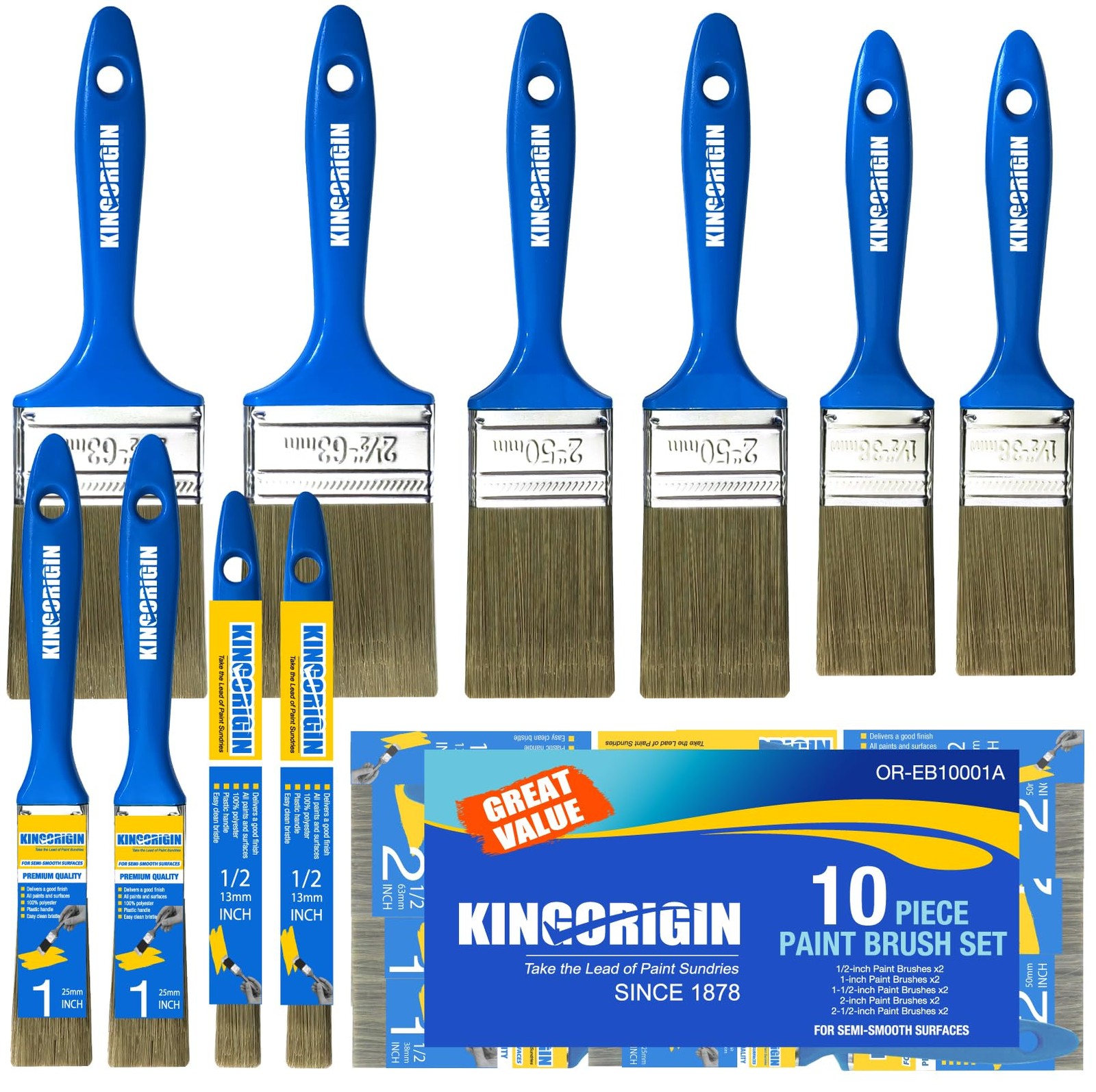 KINGORIGIN Paint Brush Set, 10 Pack Paint Brush, Chip Brush (0.5" 1" 1.5" 2" ...