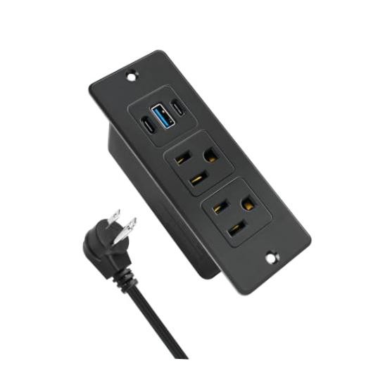 USB C Recessed Power Strip Fast Charge 20W 2 Outlets 3 USB Ports ETL | Black