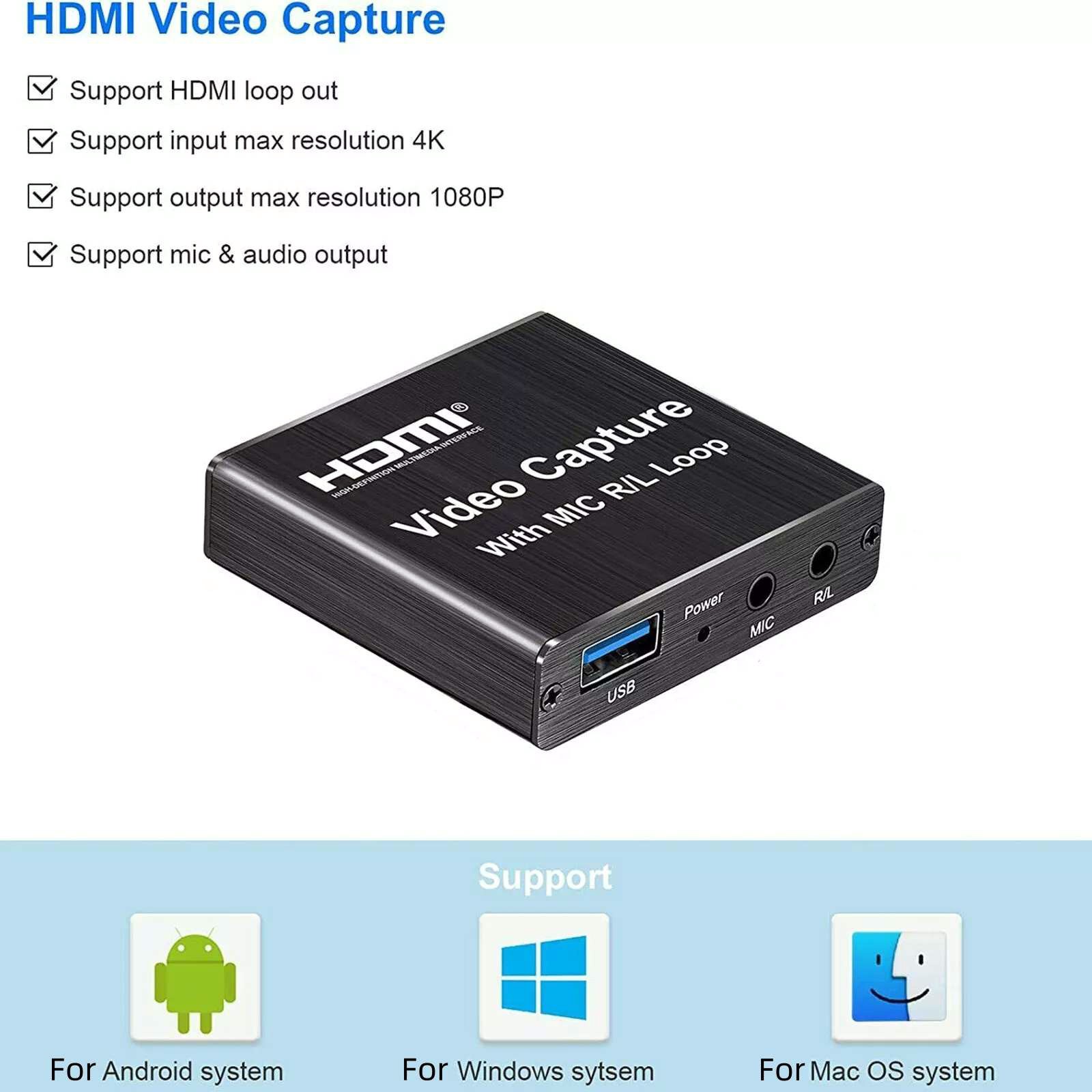 Alloy Video Capture Card 4K Screen Record Game Streamer Device MIC R/L Loop