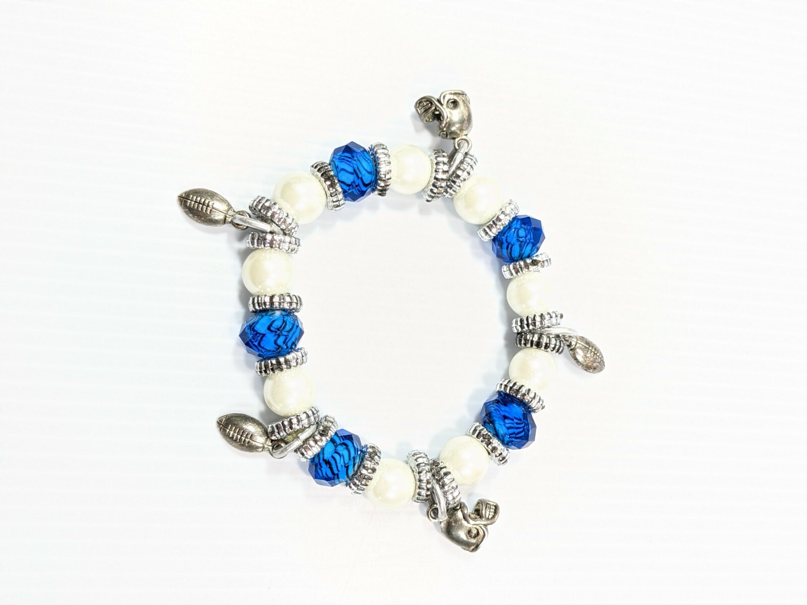 Artisan Blue Glass Faux Pearl Silver Tone Football Charm Stretch Bracelet