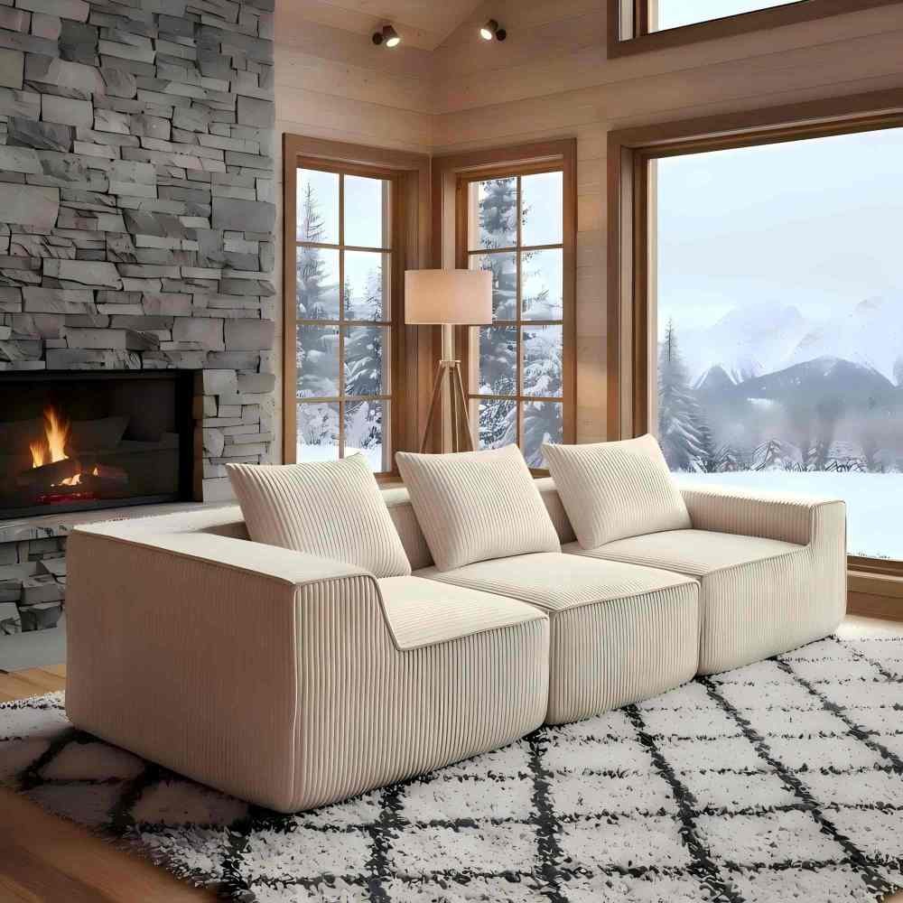 Beige 3-Seat Sectional Sofa w/ All-Foam Deep Seating, Modern Couch
