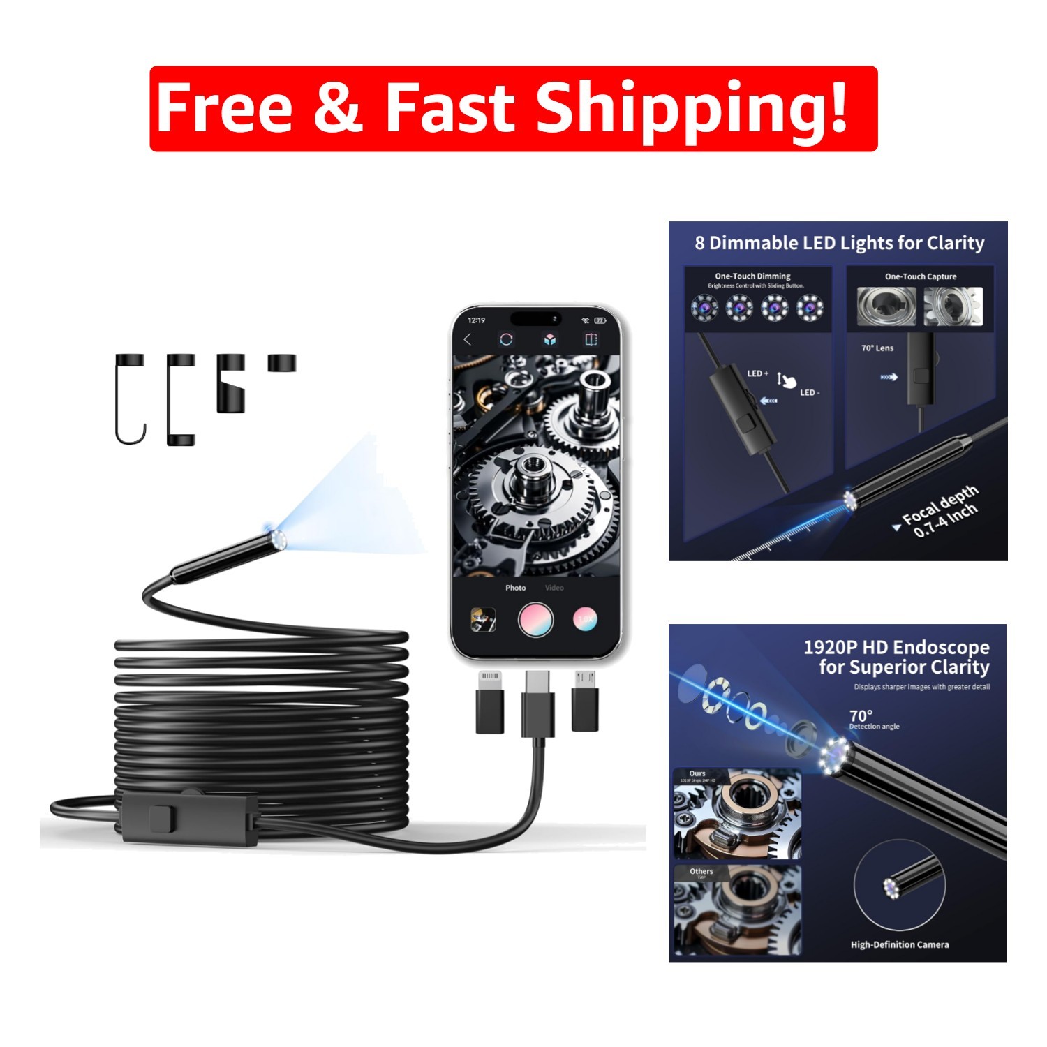 16.4ft Semi-Rigid Endoscope Camera with 8 Adjustable LEDs and High Definition