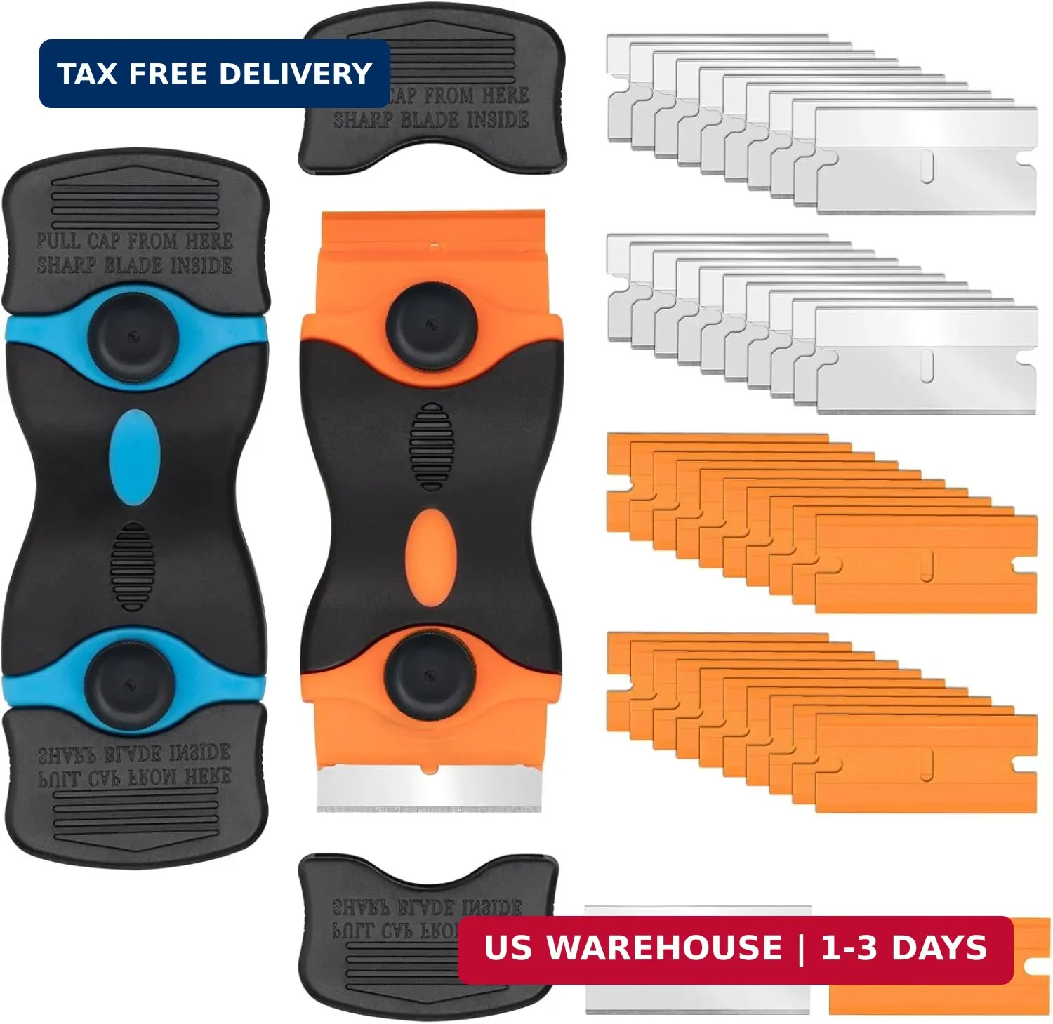 Razor Scraper Tool 2 Pack with 20 Plastic & 20 Metal Blades for Glass