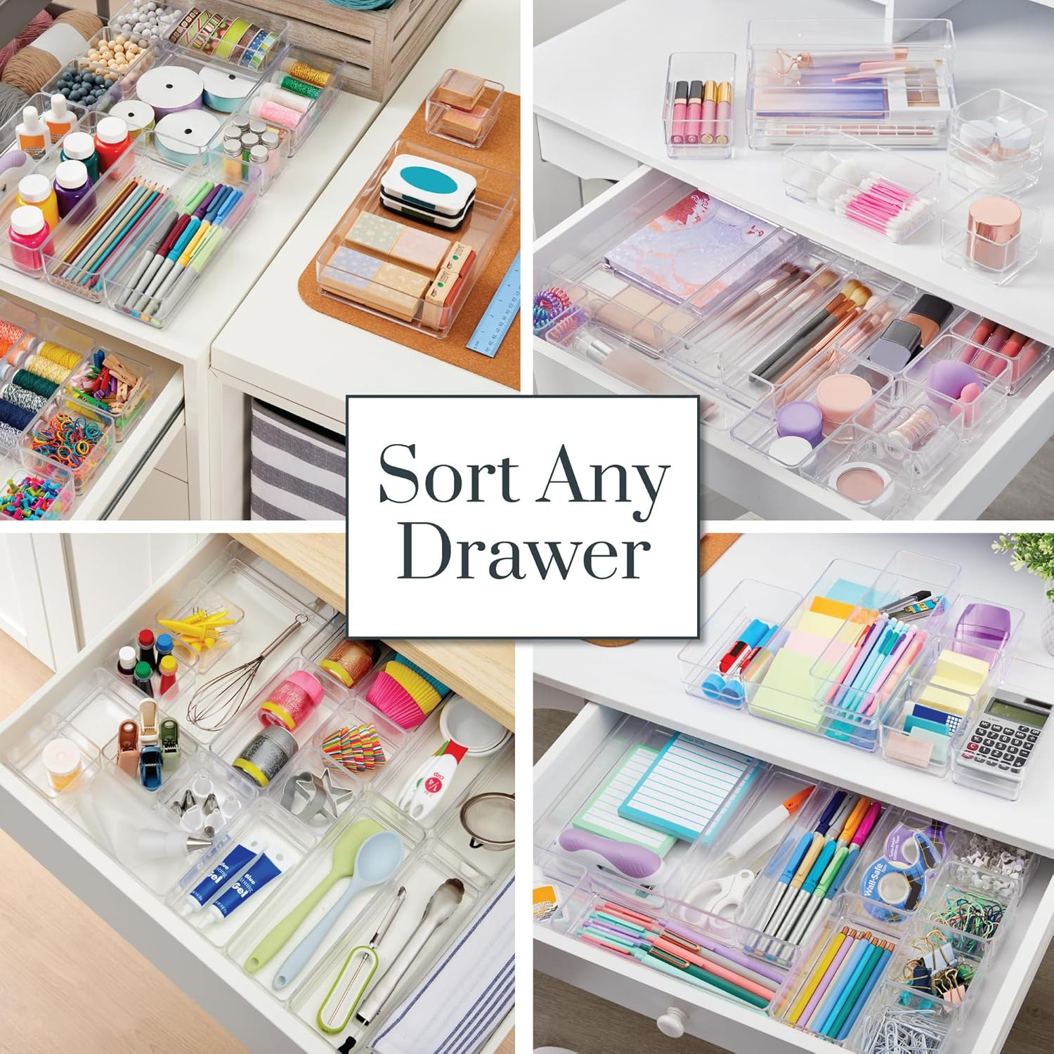 18 Piece Clear Drawer Organizer Set Stackable Plastic Storage Trays Kitchen Bath