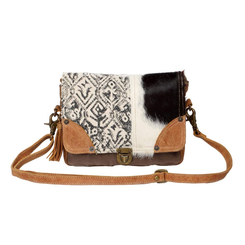 Myra Bag Rug and Hairon Flap - 10x7 Mexican Shoulder Bag, 24" Brown