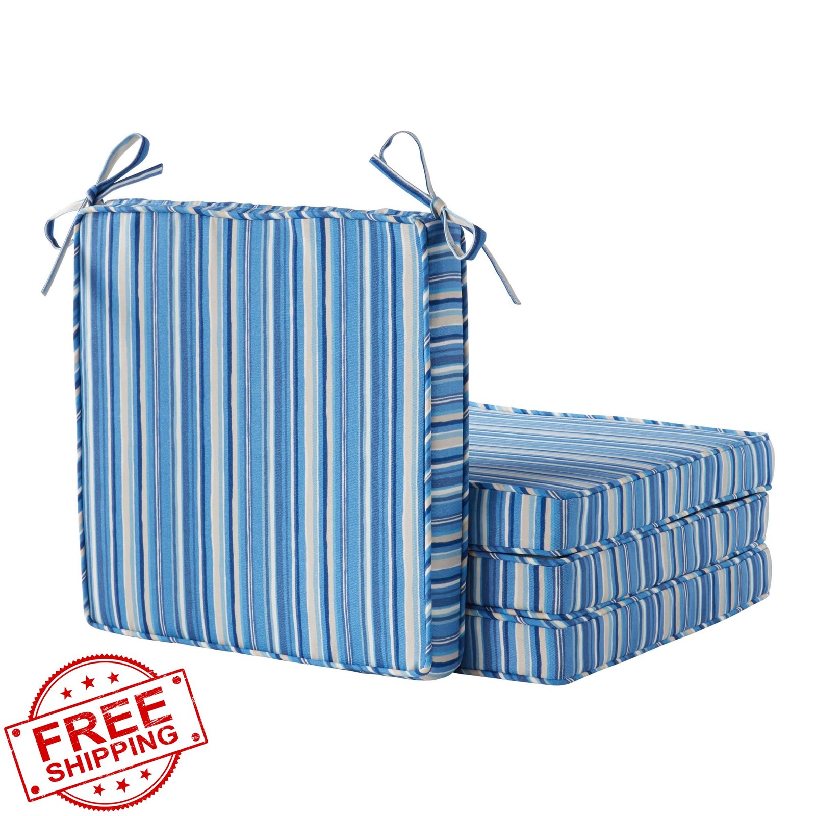 4 Patio Chair Pads: 18" Square, Fiber-Filled Seat Cushions, Sapphire Stripe