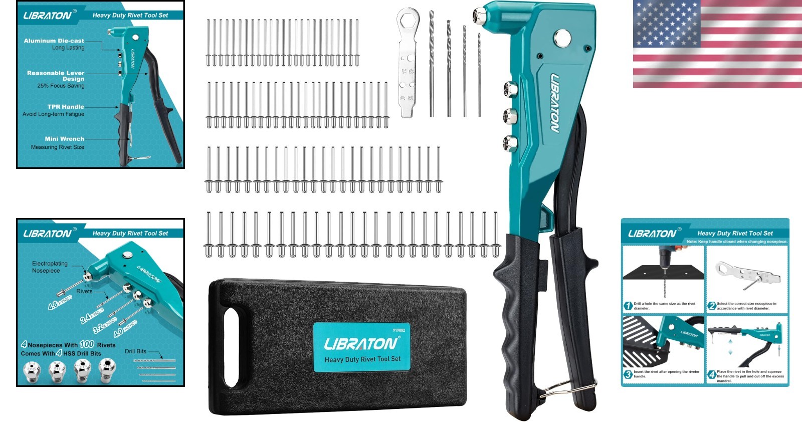 Compact Rivet Gun with Interchangeable Heads