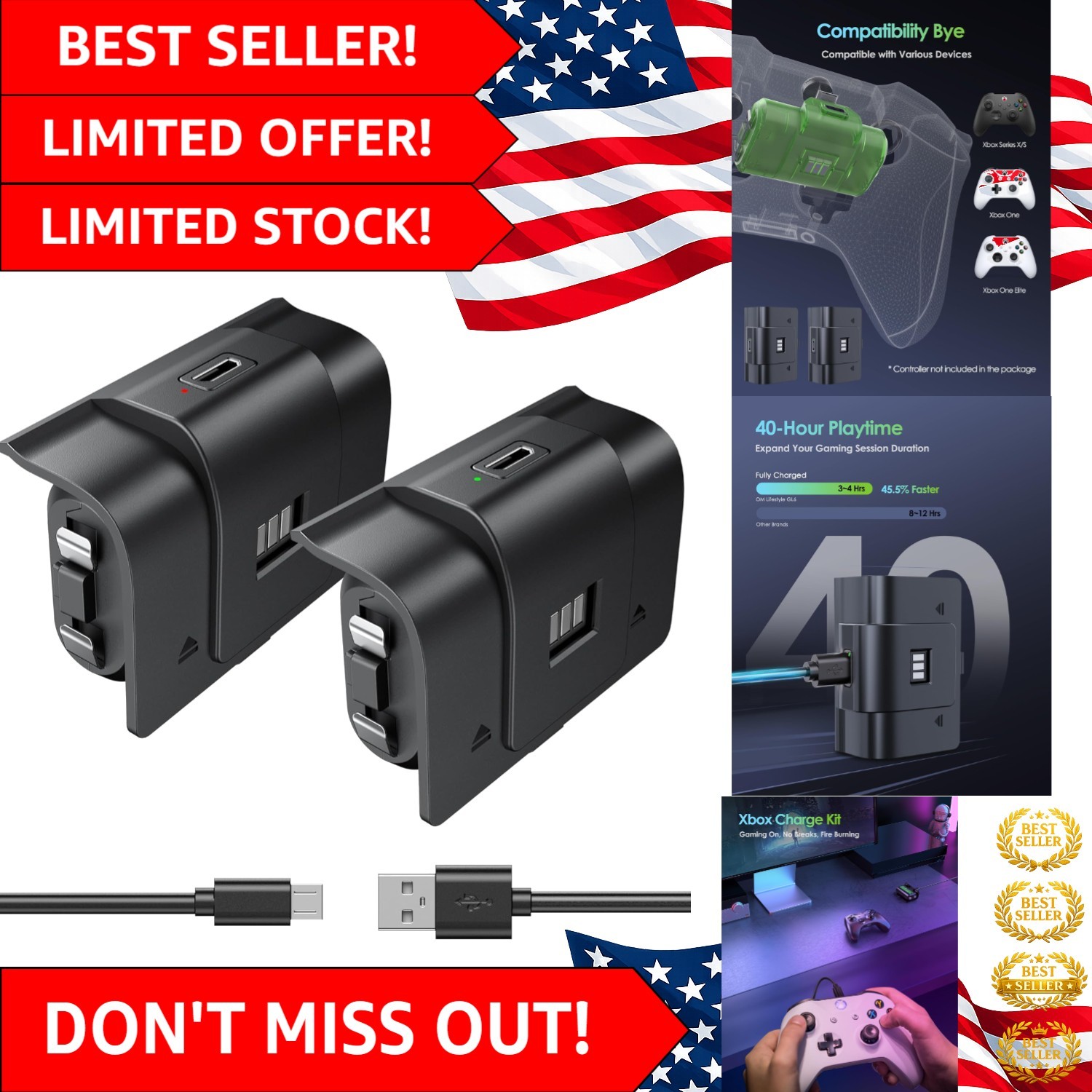 Universal Xbox Controller Battery Pack - 40H Playtime & Fast Charging Included