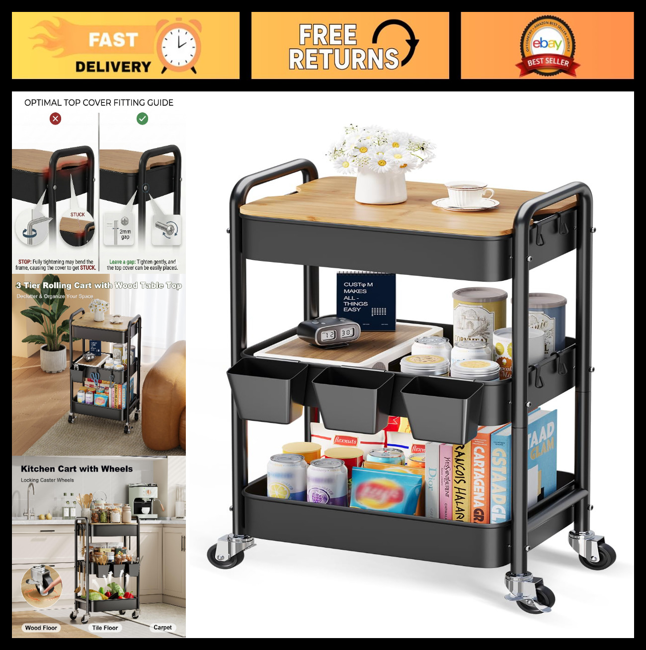 3-Tier Rolling Cart with Wood Top, Lockable Wheels, Storage for Arts & Crafts, L