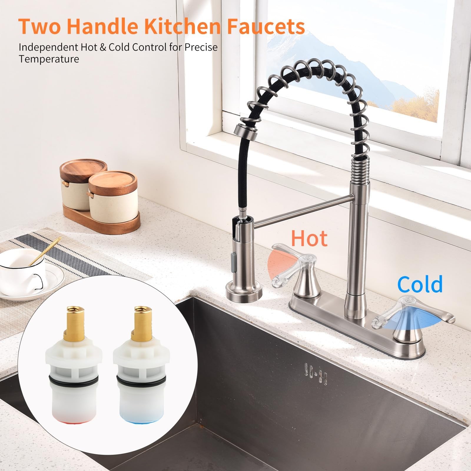 2 Handle Kitchen Faucet with Pull Down Sprayer, 360° Rotating Spout, Stainless S