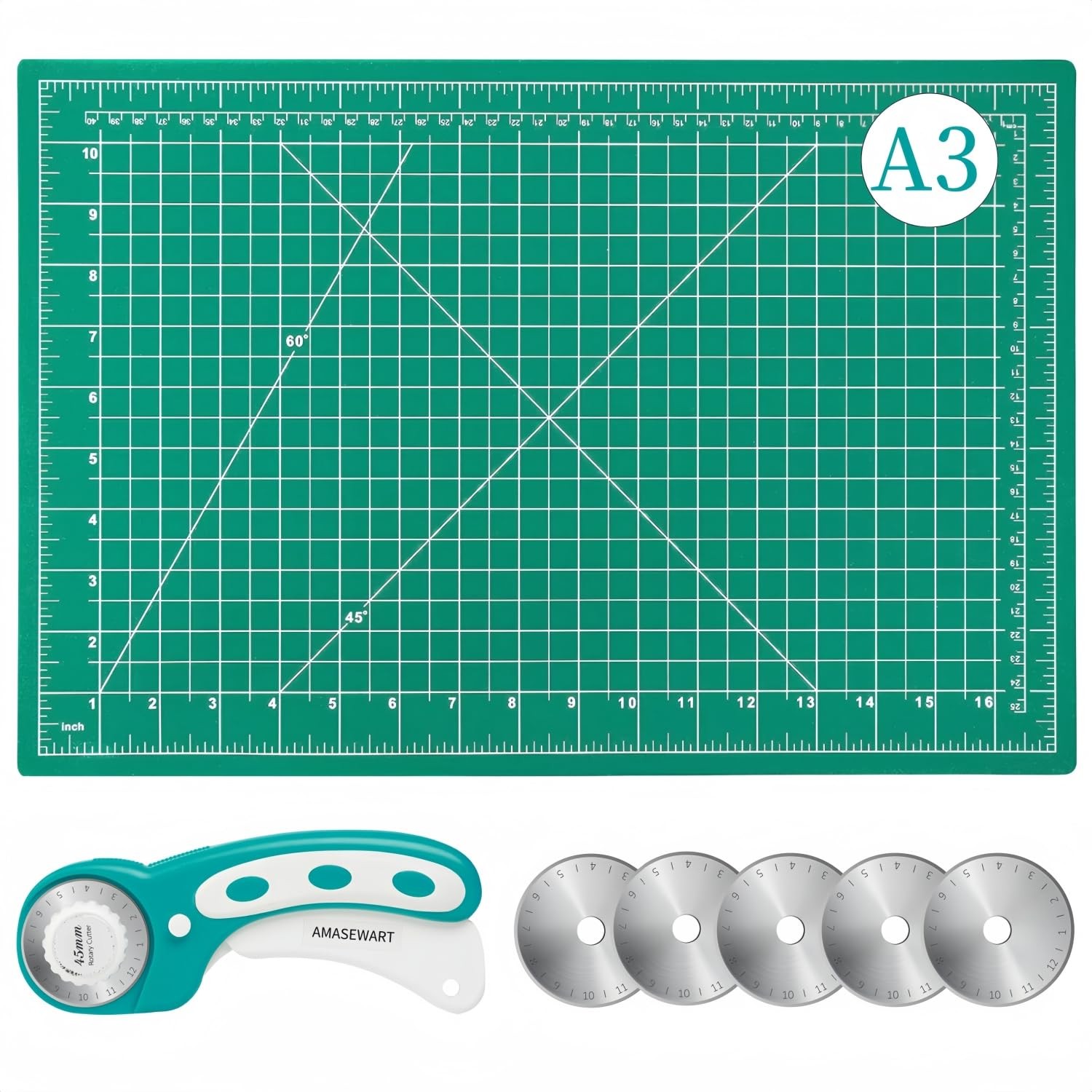 45mm Rotary Cutter and Mat Set 12x18" Self Healing Cutting Mat with 5 Blades