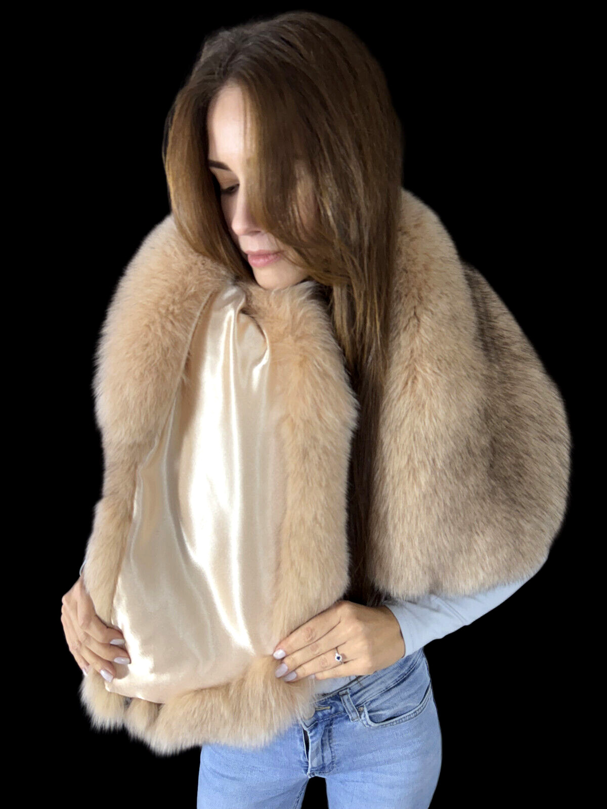 Fox Fur Shawl 47" (120cm) Saga Furs Stole Beige Fur Scarf Extra Wide Fur Wrap