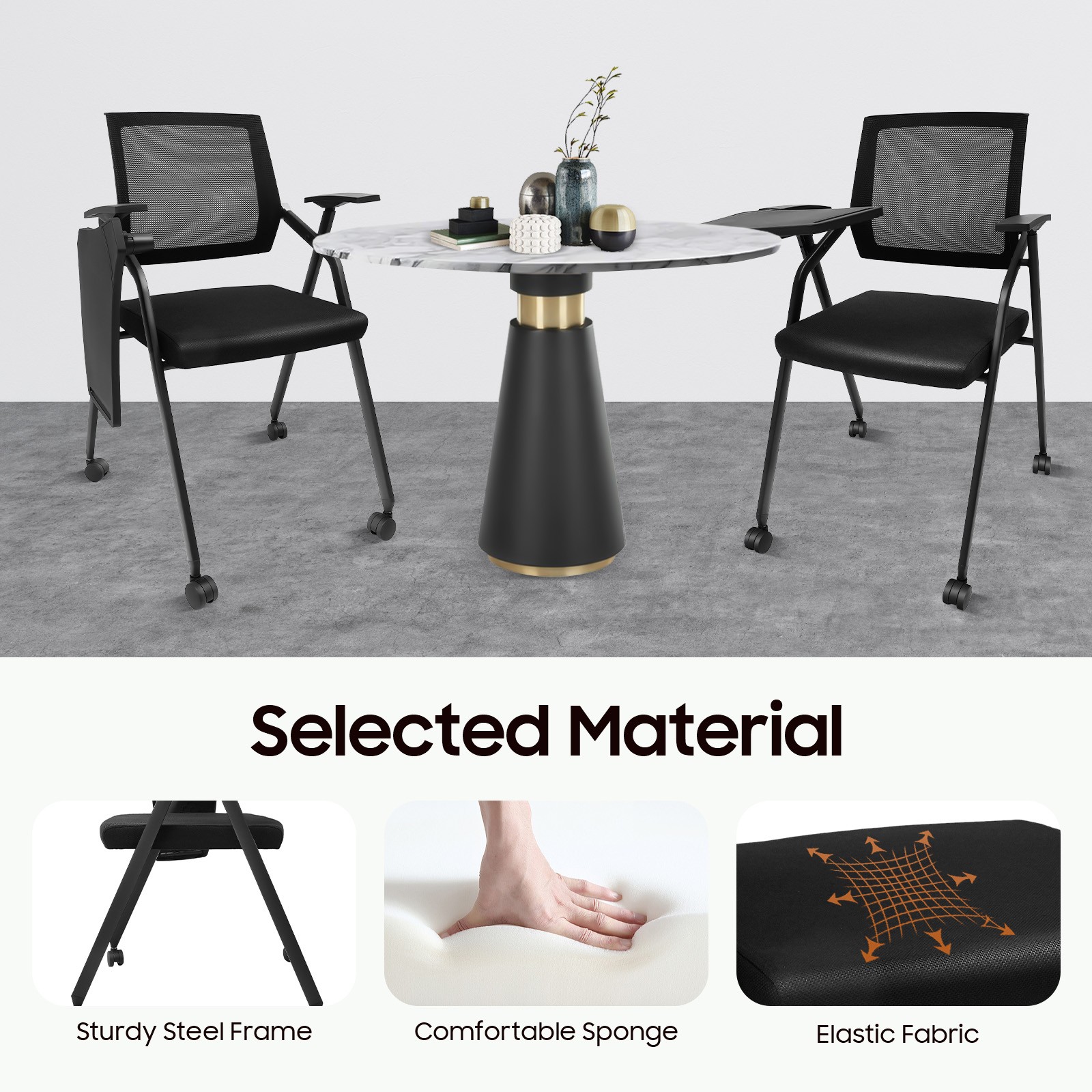 2 Pcs Foldable Conference Room Chair, Stackable Tablet Arm Chair with Wheels,