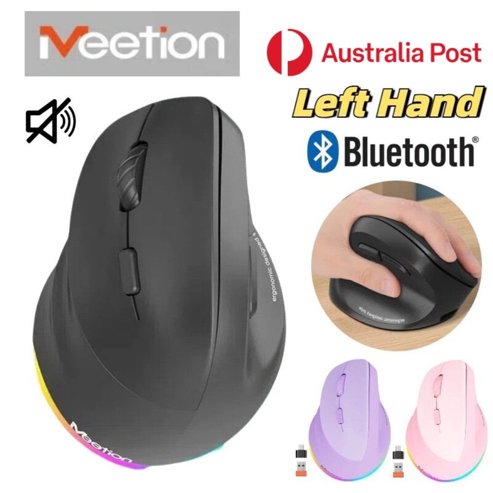 MEETION Wireless Left Hand Mouse Game Ergonomic Vertical RGB Bluetooth USB PC AU