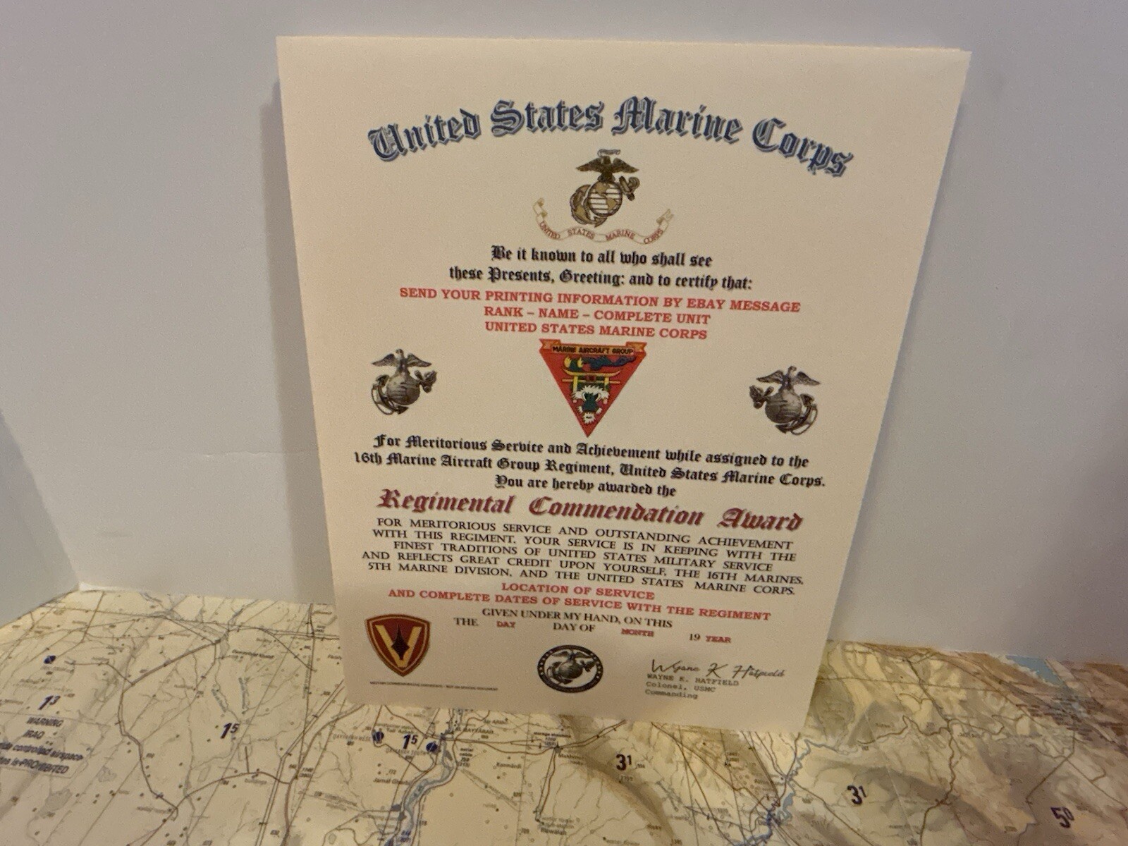 U.S.M.C. / 16TH MARINE AIRCRAFT GROUP- REGIMENTAL COMMENDATION AWARD CERTIFICATE