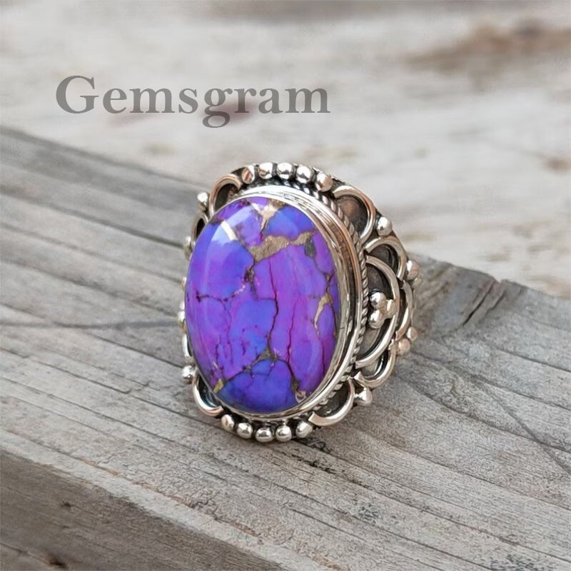 925 Sterling Silver Handmade Gemstone Purple Copper Turquoise Women Unique Ring
